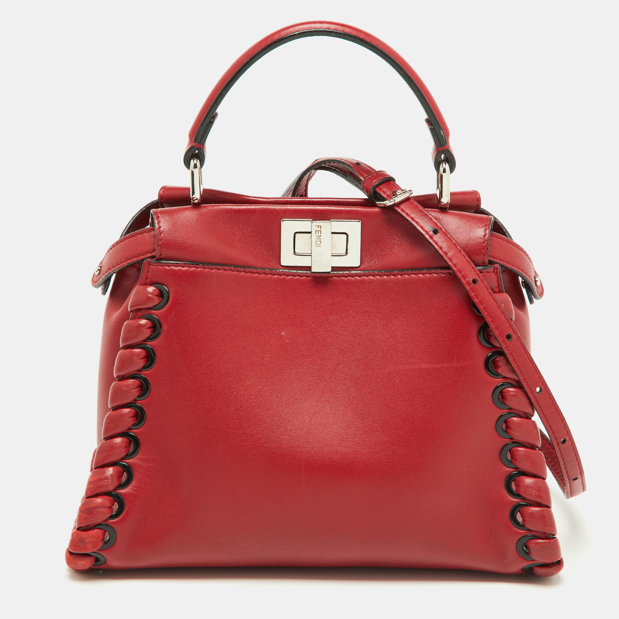 مملوكة مسبقًا Fendi Red Leather Mini Whipstitch Peekaboo Top Handle Bag