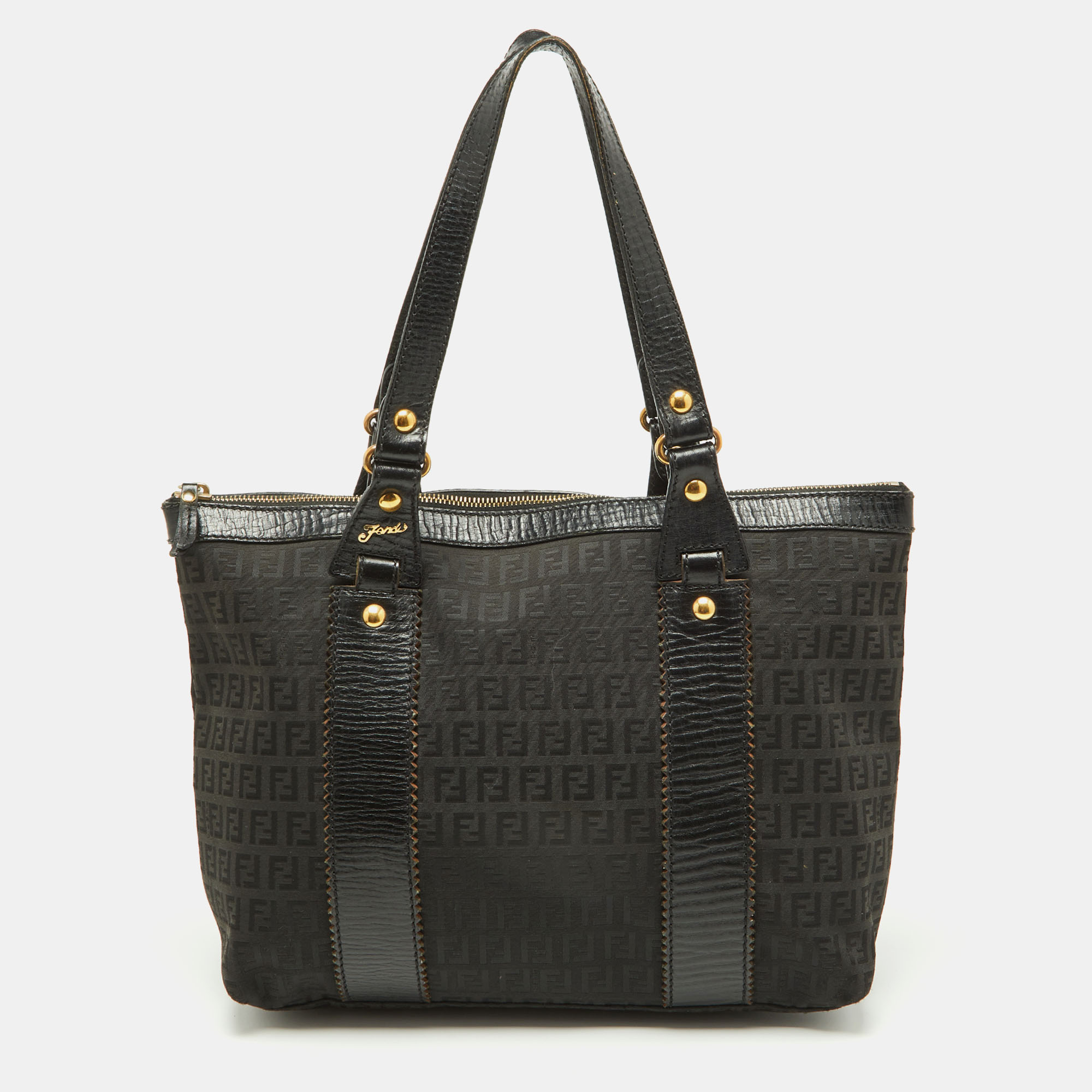 

Fendi Black Zuchino Fabric and Leather Top Zip Tote