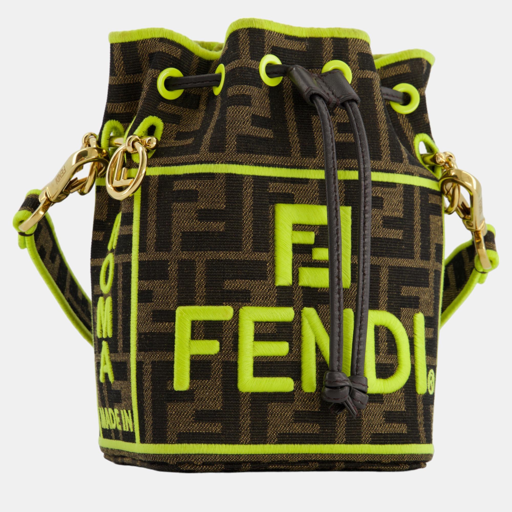 

Fendi Brown Monogram with Lime Logo Stitch Mon Tresor Bucket Bag with Gold Hardware