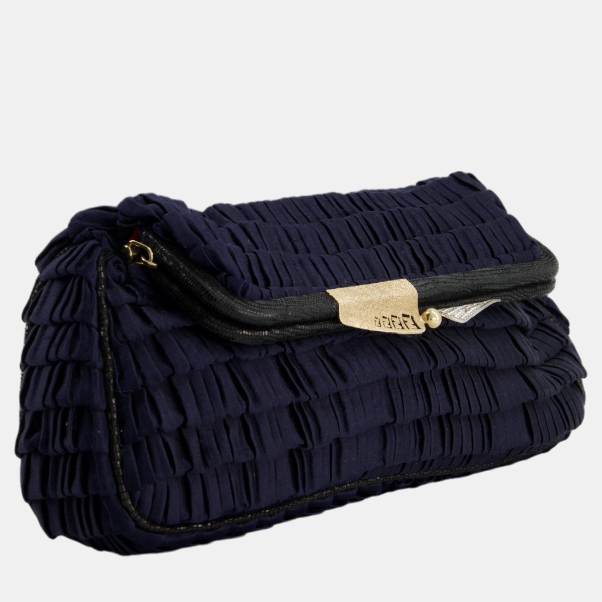 

Fendi Navy Borderline Satin Clutch Bag with Diamante Detail and Mixed Hardware, Navy blue