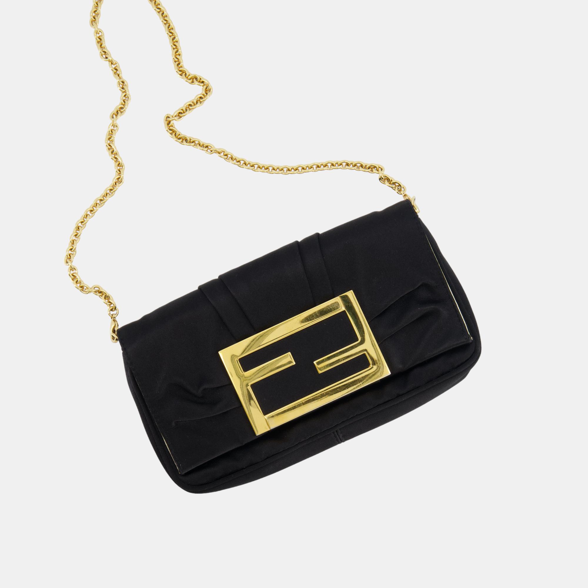 

Fendi Black Satin Baguette Clutch Bag with Detachable Chain Strap Detailing