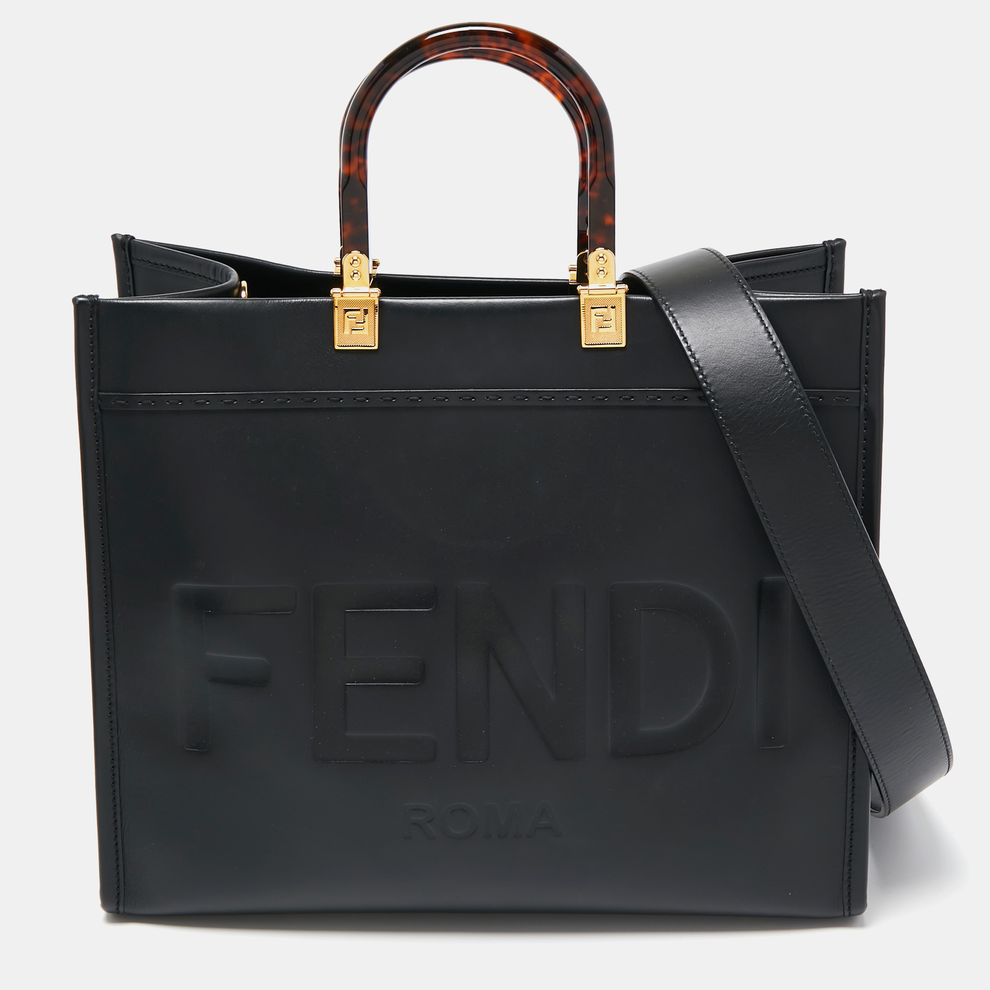 Pre-owned Fendi Black Leather Medium Sunshine Shopper Tote