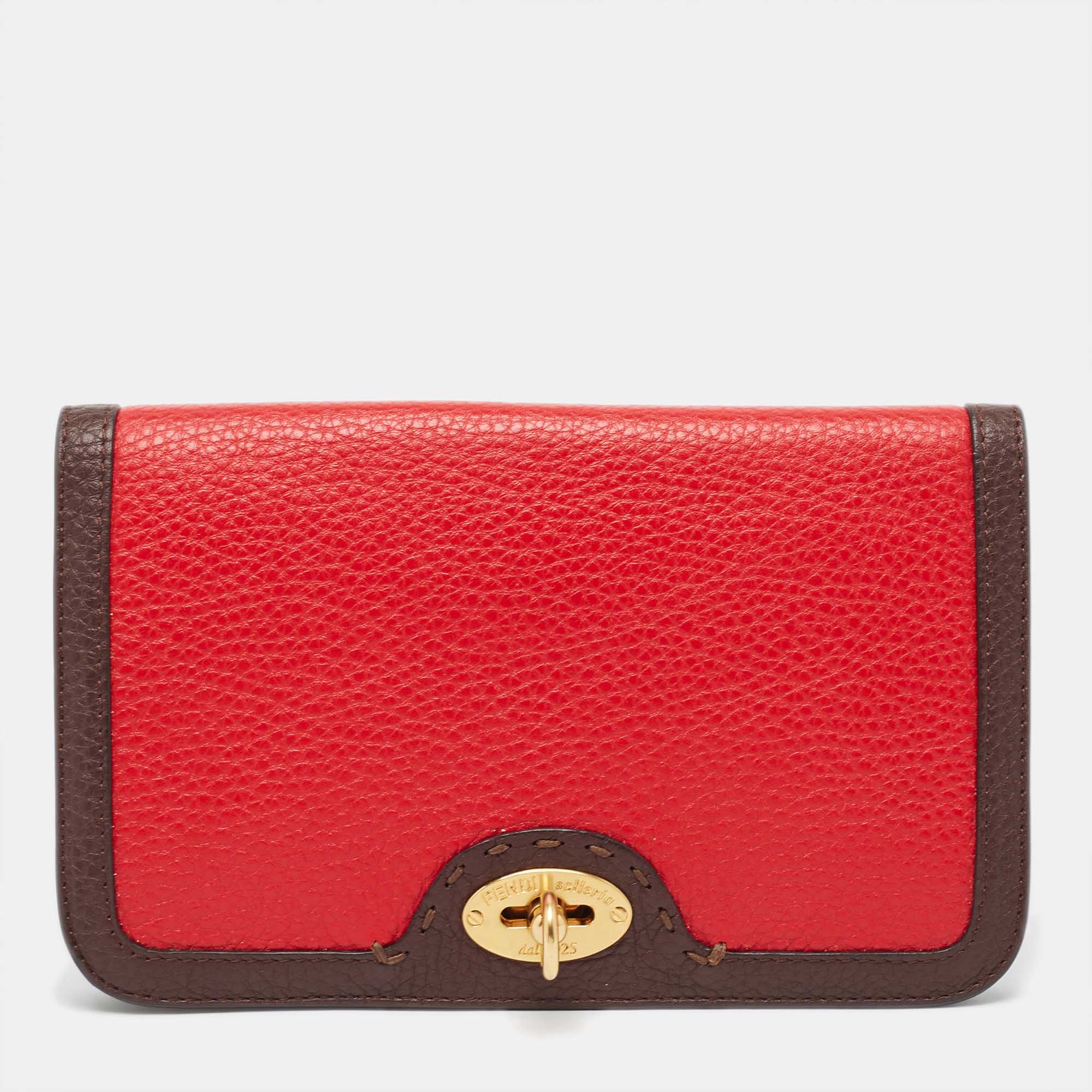Pre-owned Fendi Dark Brown/red Selleria Leather Flap Clutch