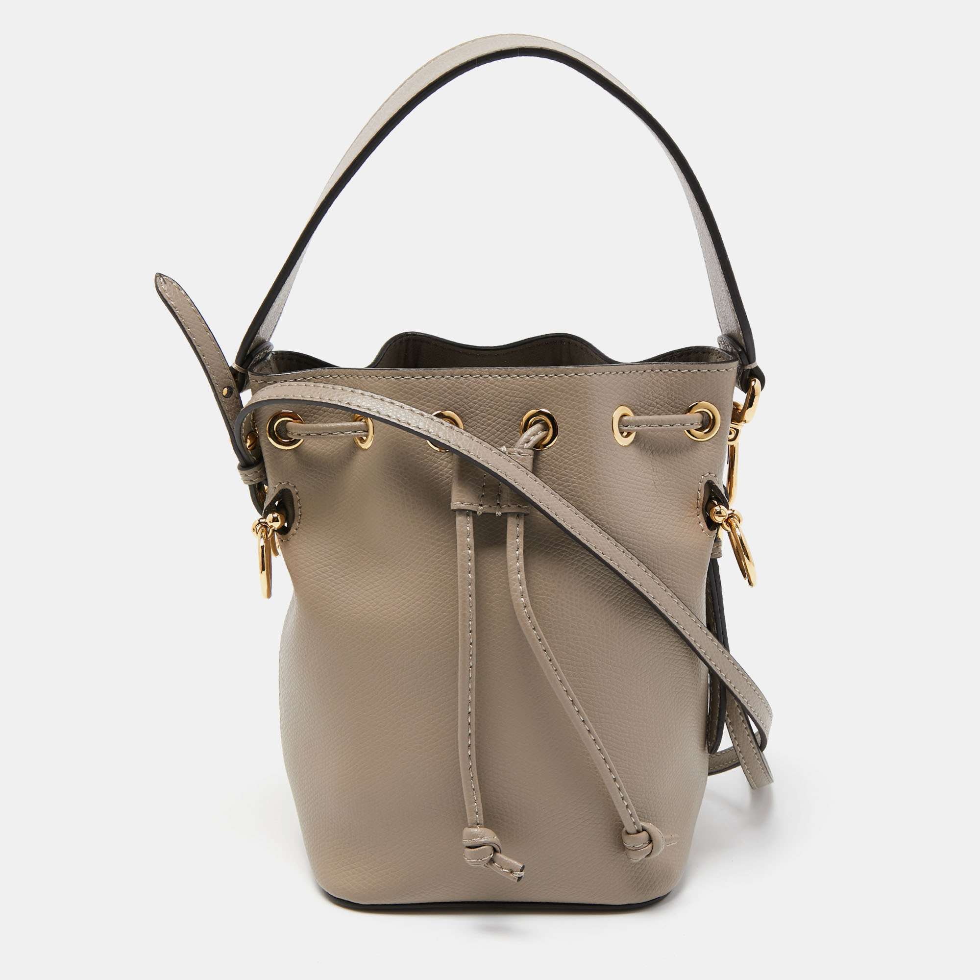 Pre Owned Fendi Grey Leather Mini Mon Tresor Drawstring Bucket Bag