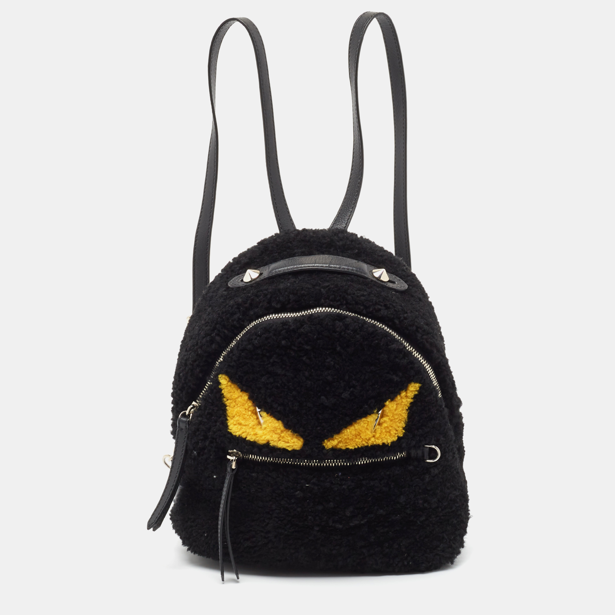 Pre-owned Fendi Black Shearling And Leather Monster Backpack