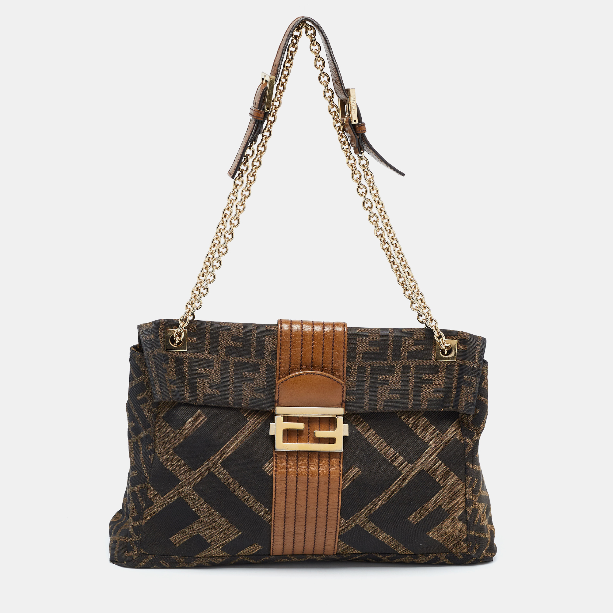 Pre-owned Fendi Tobacco Zucca Canvas And Leather Maxi Baguette Flap Shoulder Bag In Brown