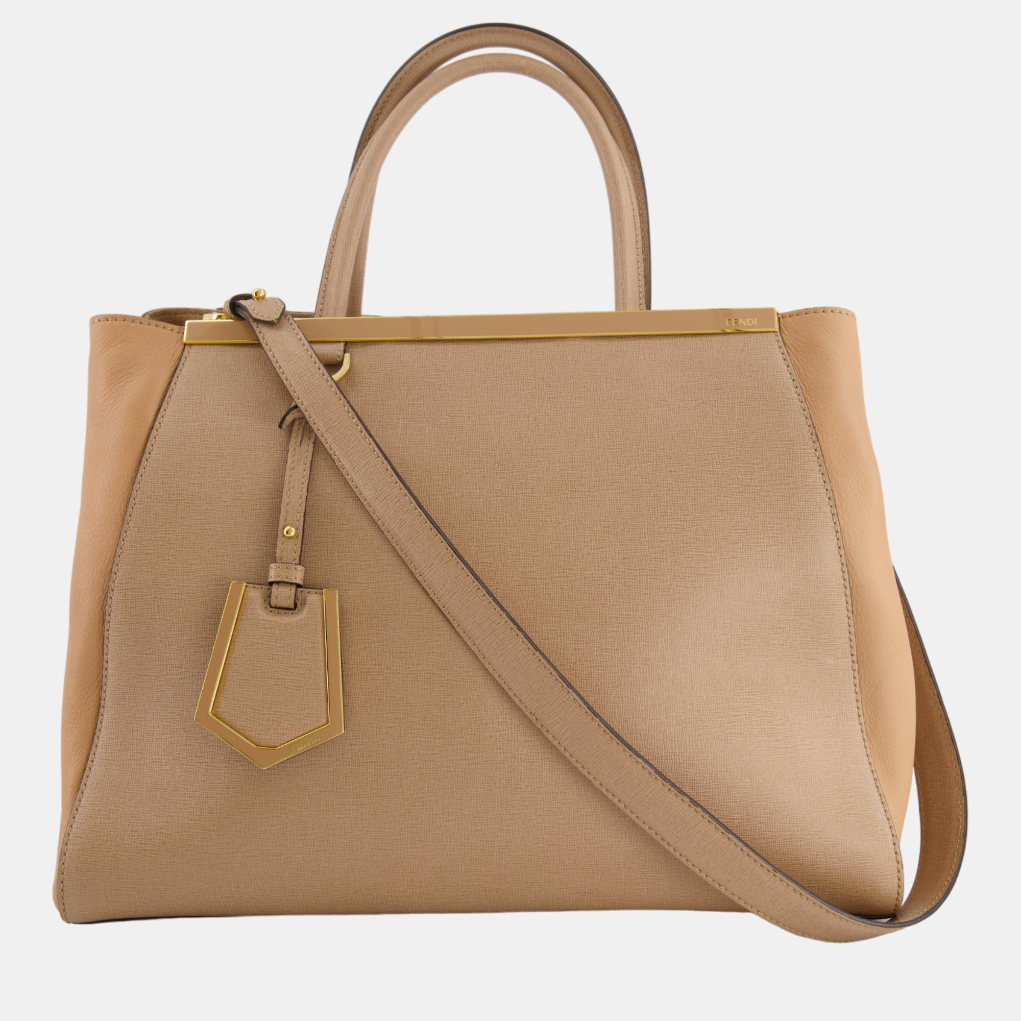 

Fendi Beige Leather 2Jours Medium Tote Bag with Gold Hardware
