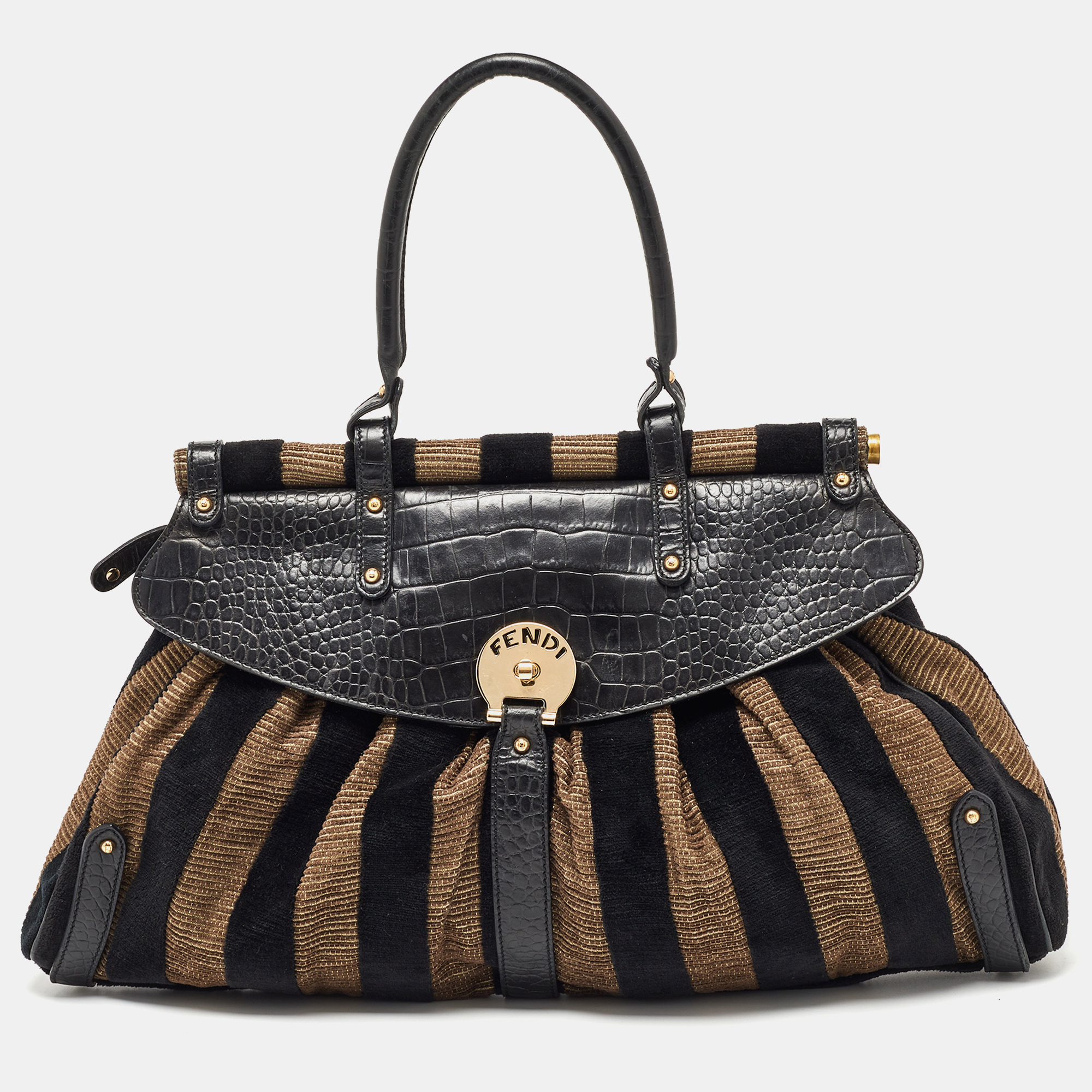 Pre-owned Fendi Black/beige Pequin Striped Velvet And Croc Embossed Leather Magic Top Handle Bag