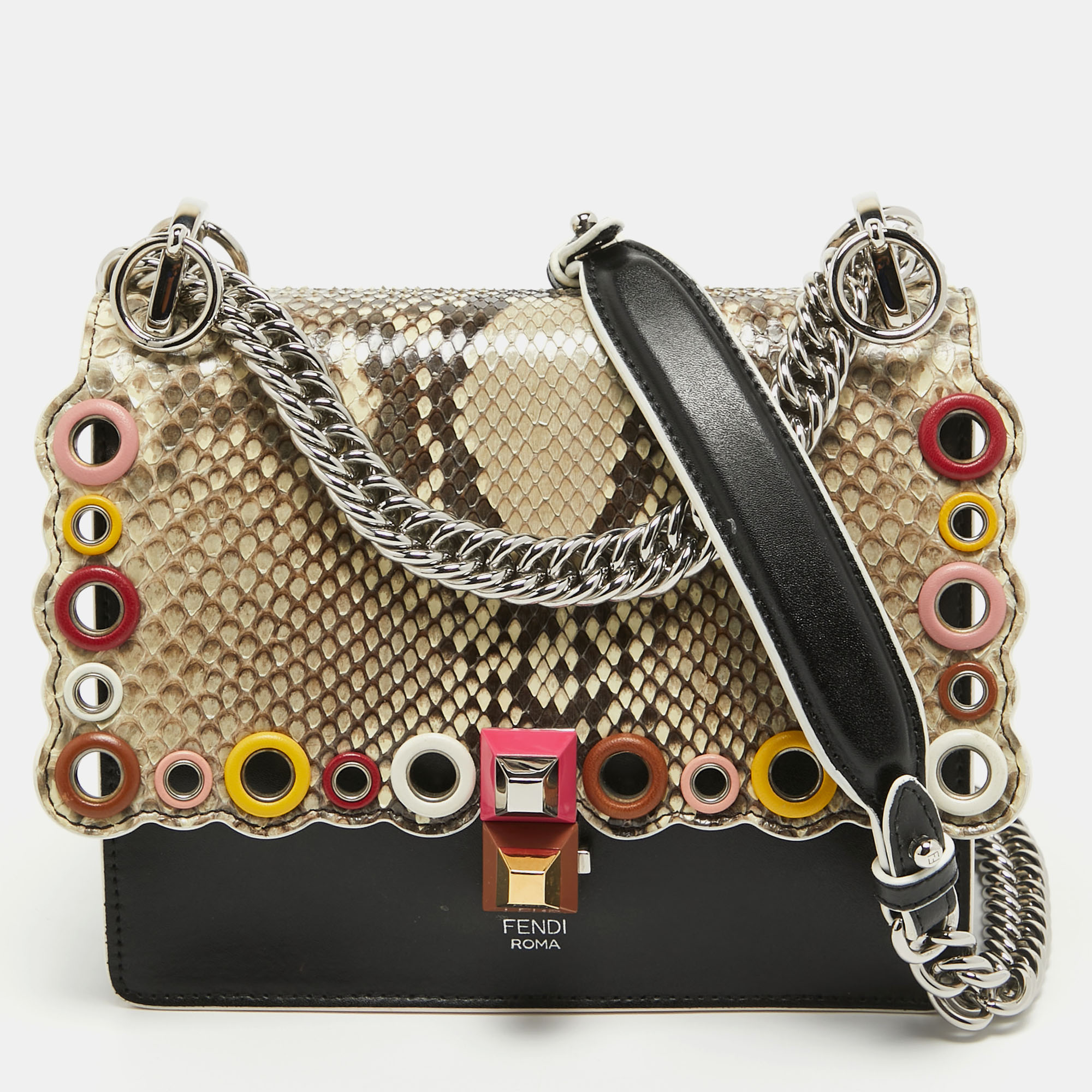 Pre-owned Fendi Multicolor Leather And Python Small Scalloped Kan I Shoulder Bag