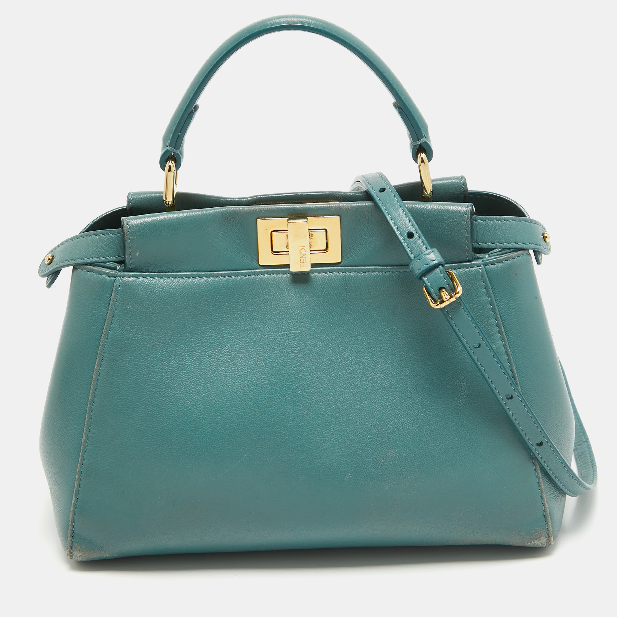 

Fendi Teal Blue Leather Mini Peekaboo Top Handle Bag