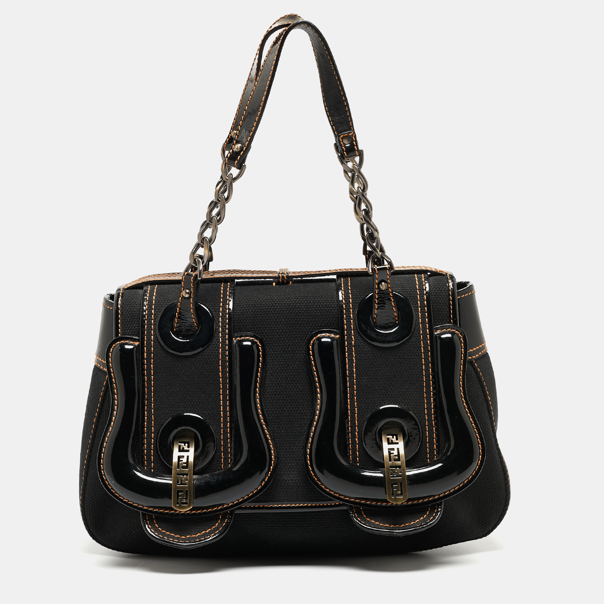 Pre Owned Fendi Black Patent Leather and Canvas B Shoulder Bag