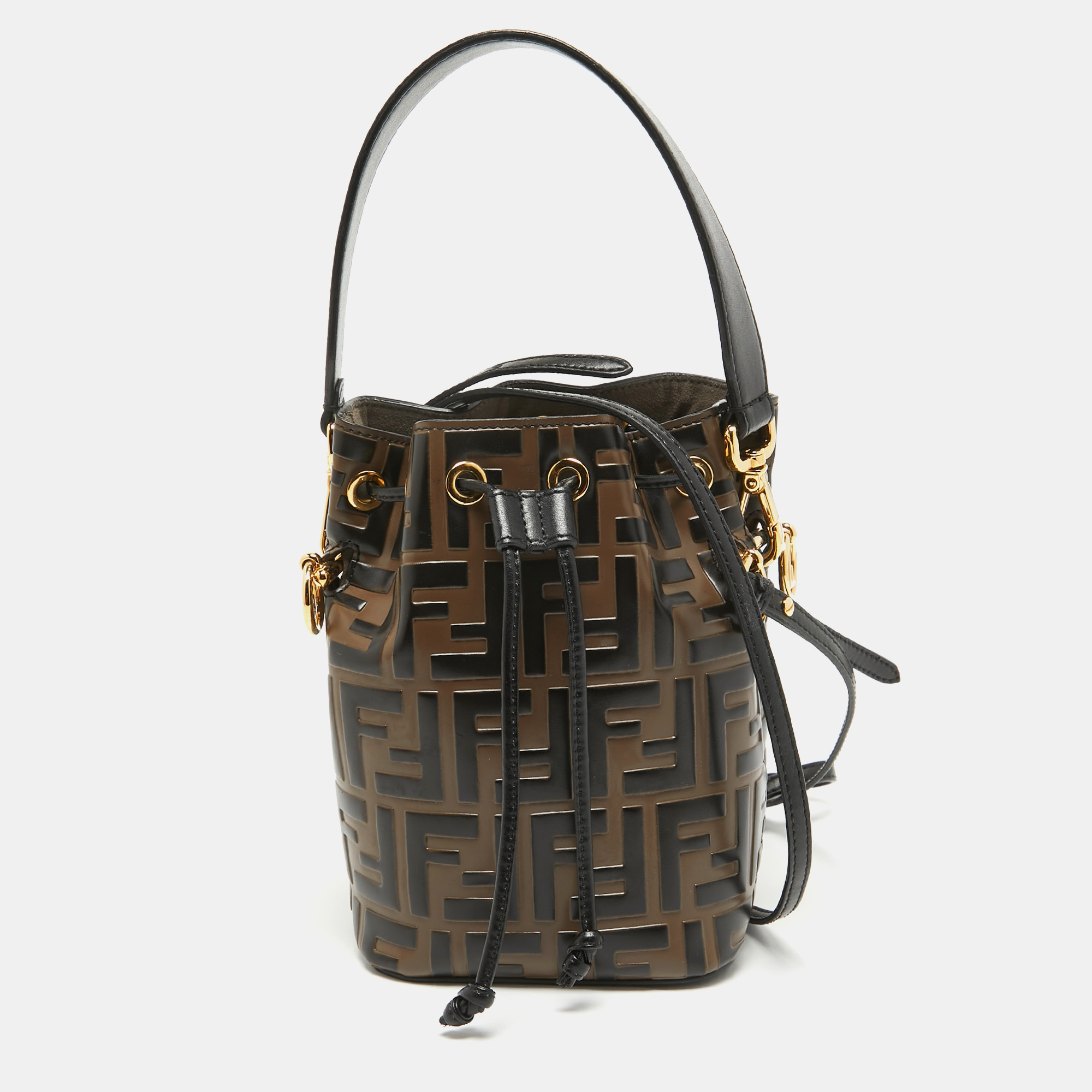 

Fendi Brown/Black Zucca Leather Mini Mon Tresor Drawstring Bucket Bag