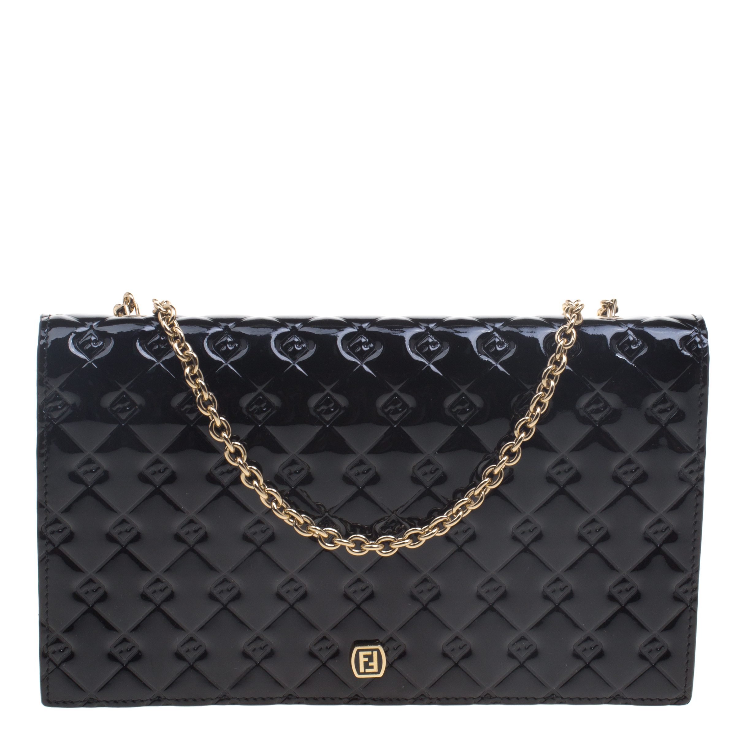 Pre Owned Fendi Black Patent Leather Fendilicious Wallet On Chain
