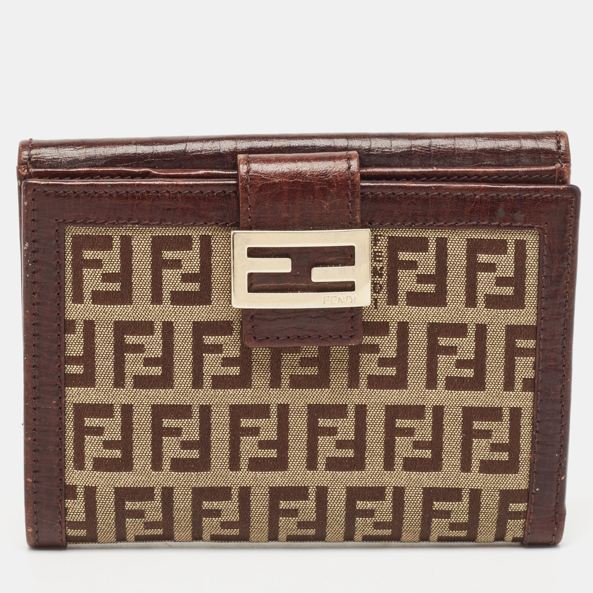 Pre-owned Fendi Brown/beige Zucchino Fabric And Leather Ff French Wallet