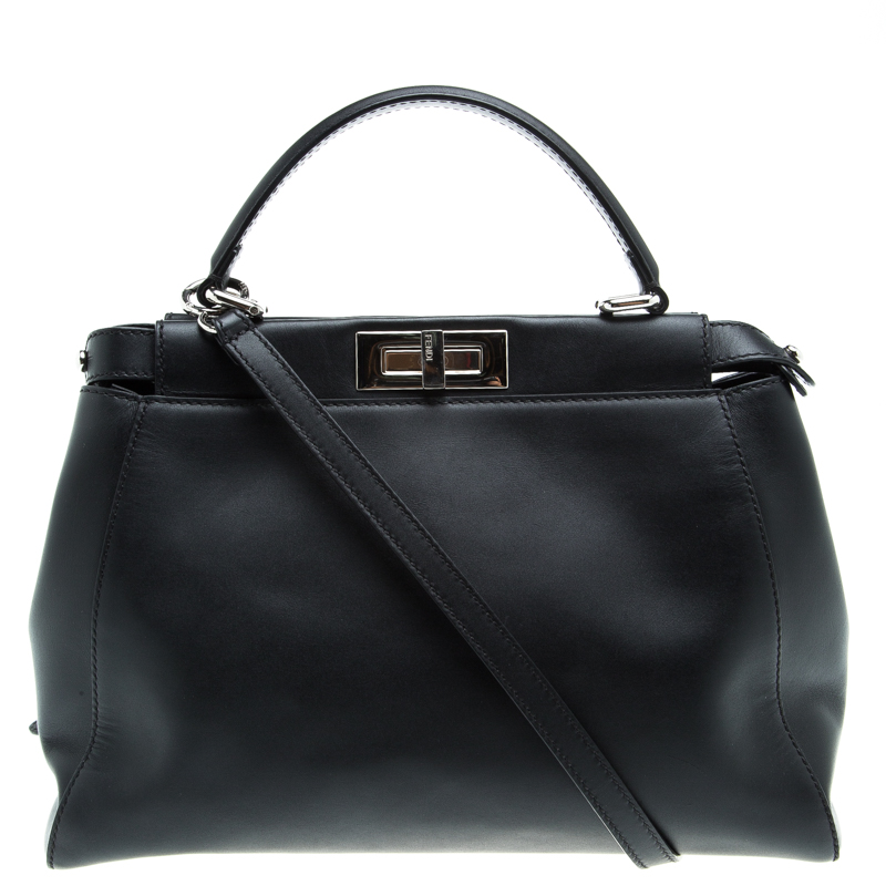 Pre Owned Fendi Black Leather Medium Peekaboo Top Handle Bag