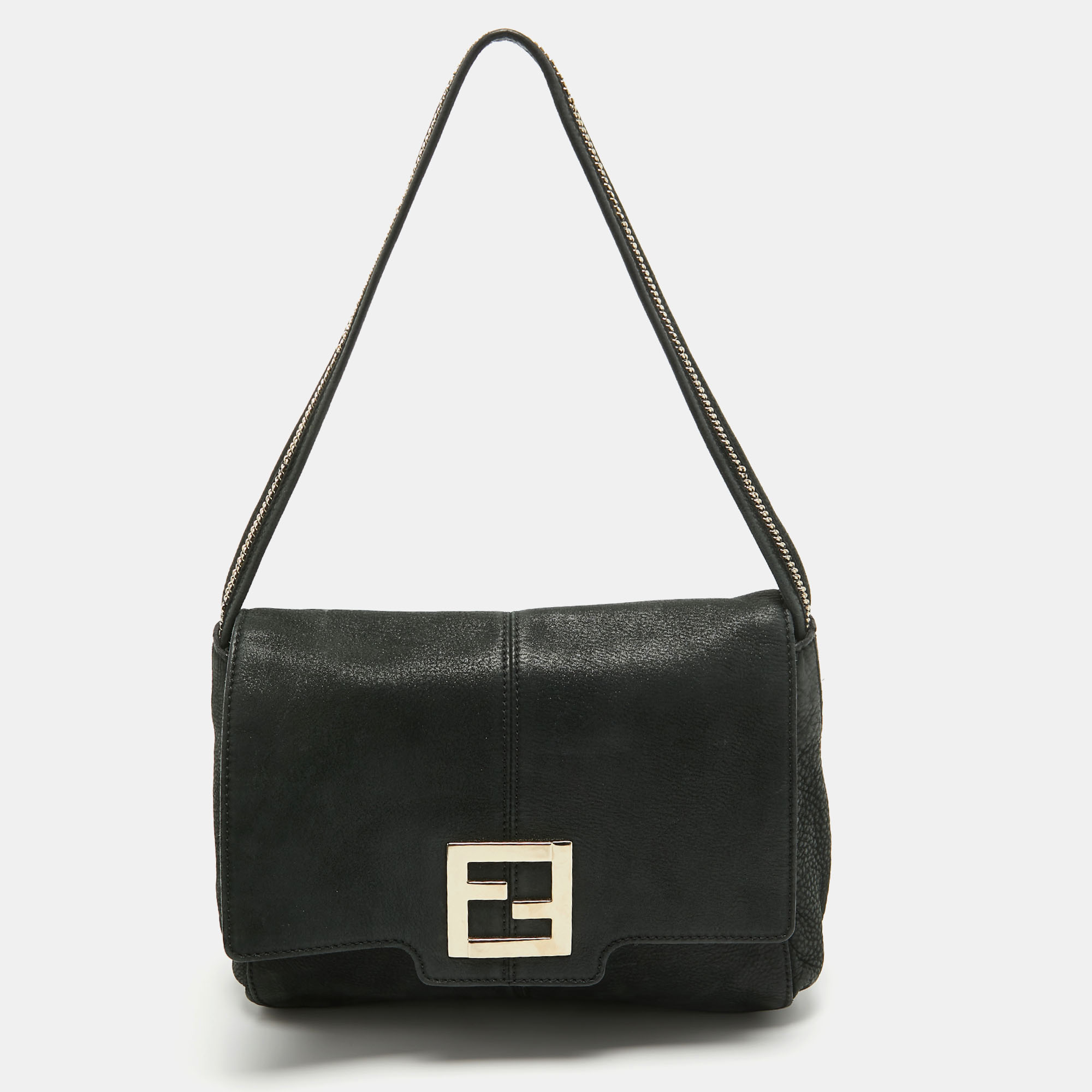 Pre-owned Fendi Black Nubuck Shimmer Leather Ff Flap Bag