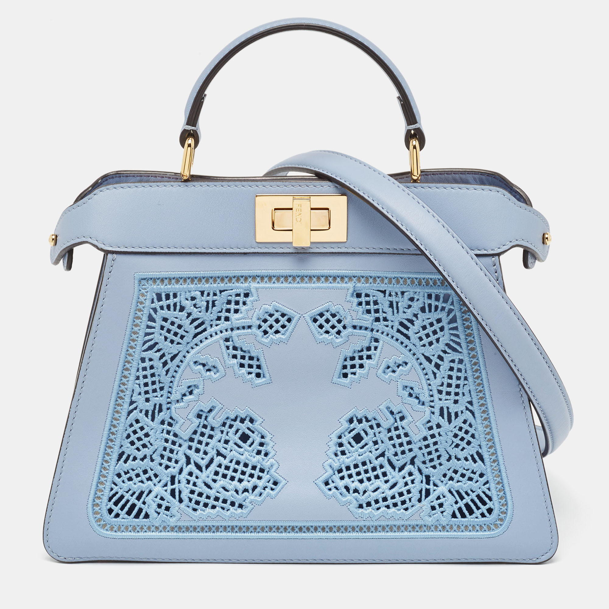 Pre Owned Fendi Light Blue Lasercut Leather Small Peekaboo ISeeU Top Handle Bag