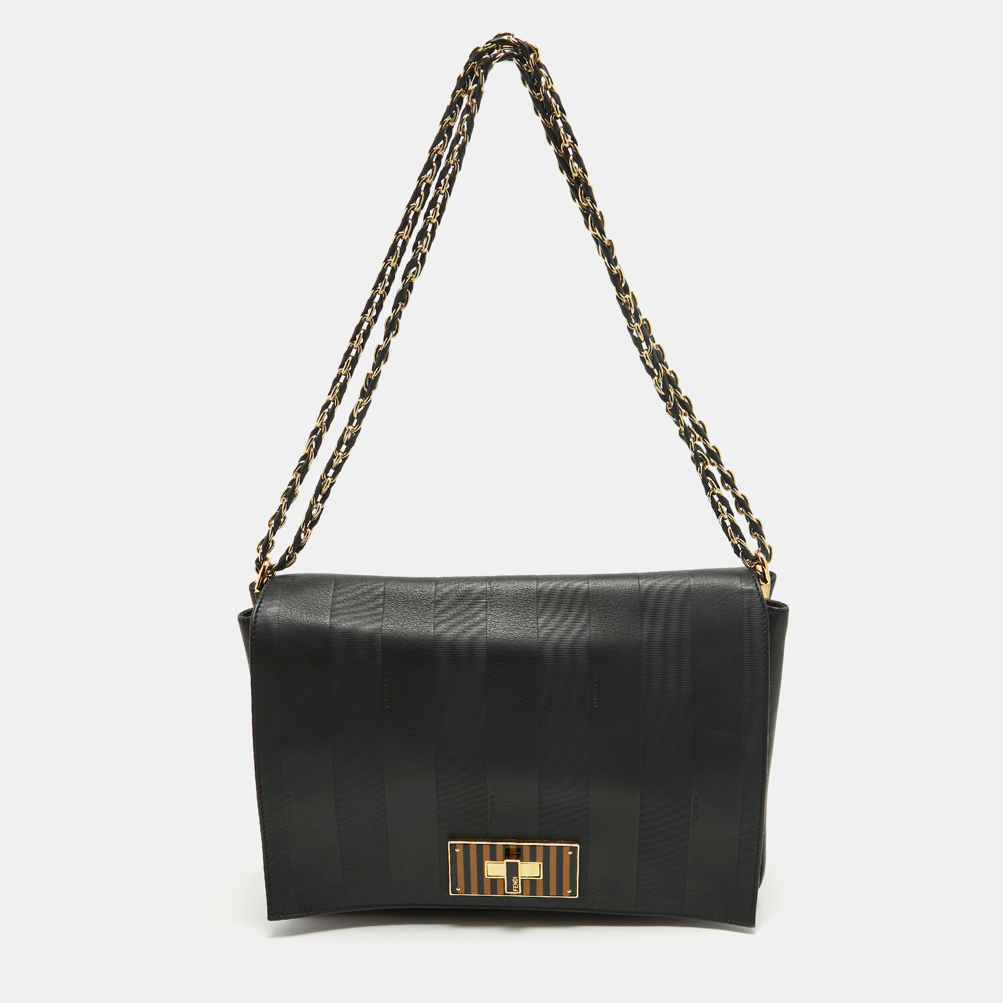 Pre-owned Fendi Black Stripe Embossed Leather Large Claudia Shoulder Bag
