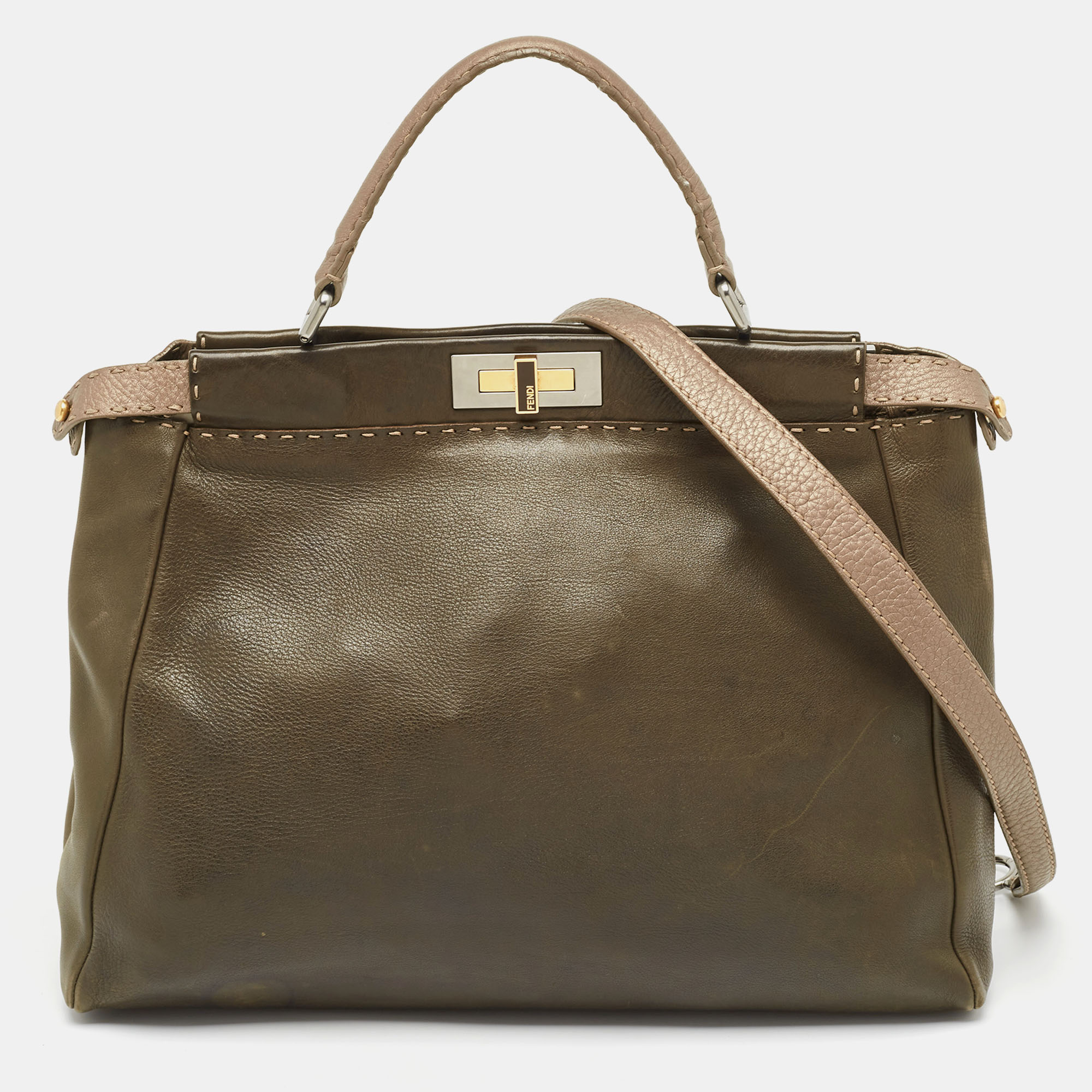 Pre-owned Fendi Olive Green/beige Selleria Leather Large Peekaboo Top Handle Bag