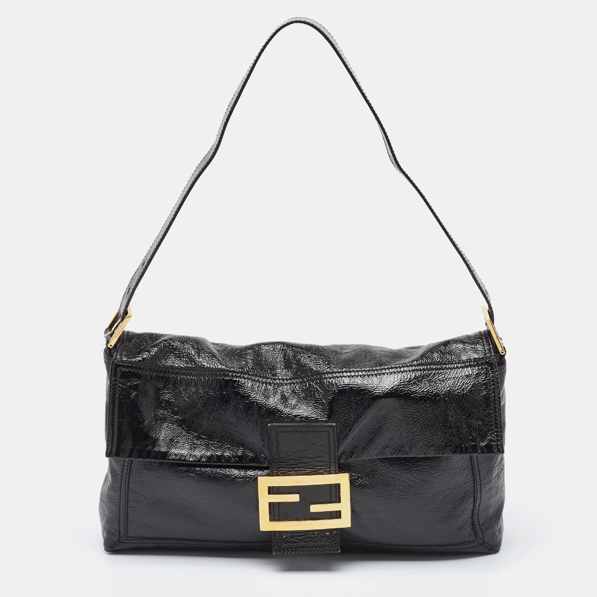 Pre-owned Fendi Black Patent Leather Large Convertible Baguette Bag