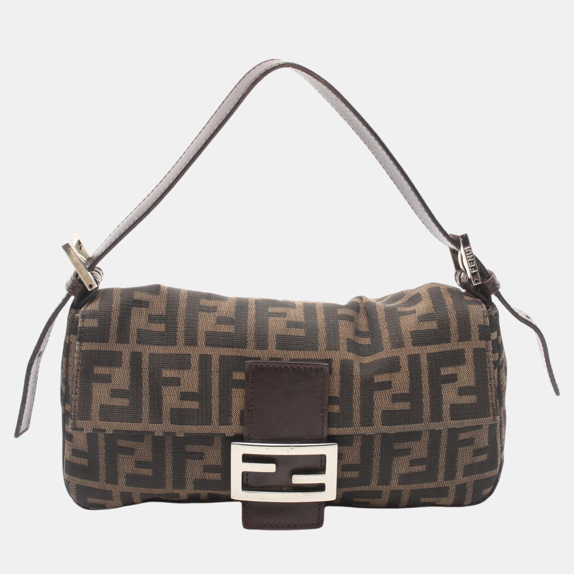 Pre-owned Fendi Mamma Bucket Zucca Handbag Canvas Leather Brown Dark Brown