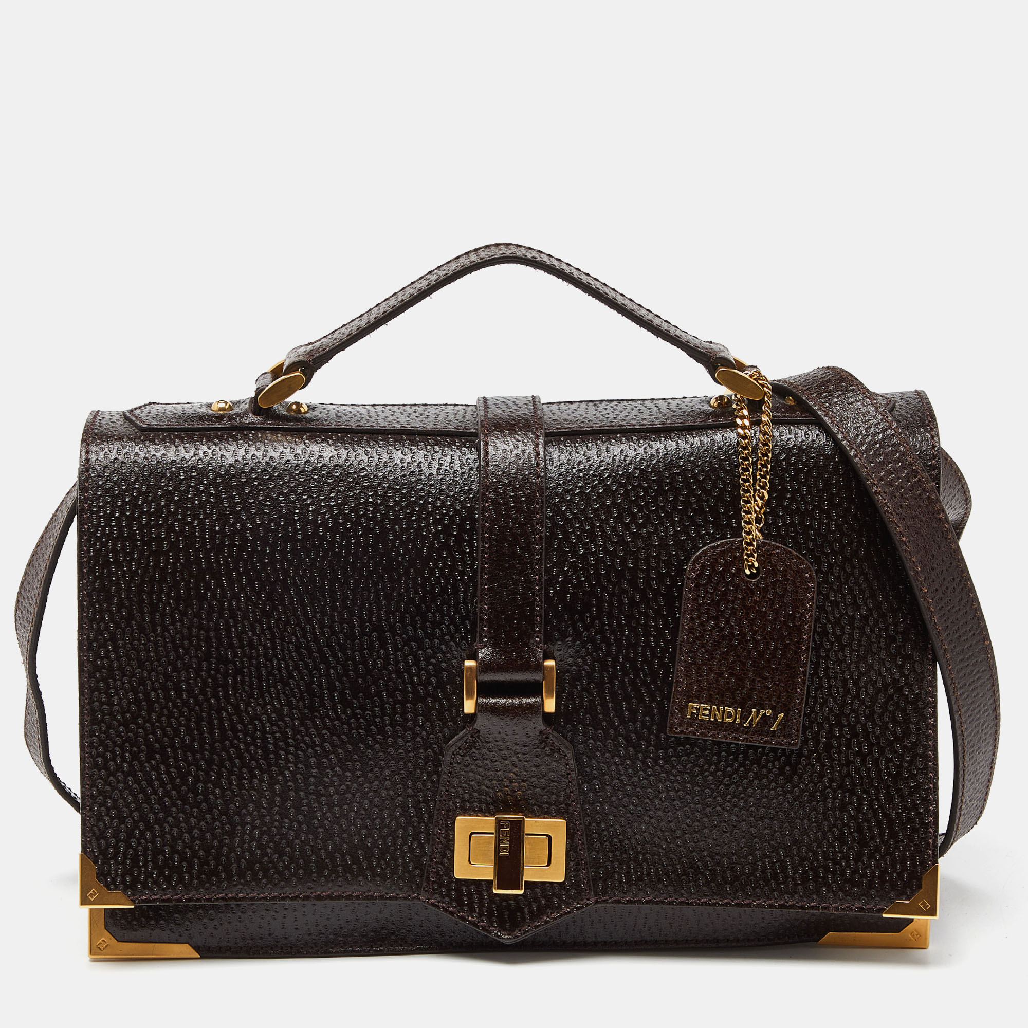 

Fendi Dark Brown Textured Leather Classico No.1 Top Handle Bag