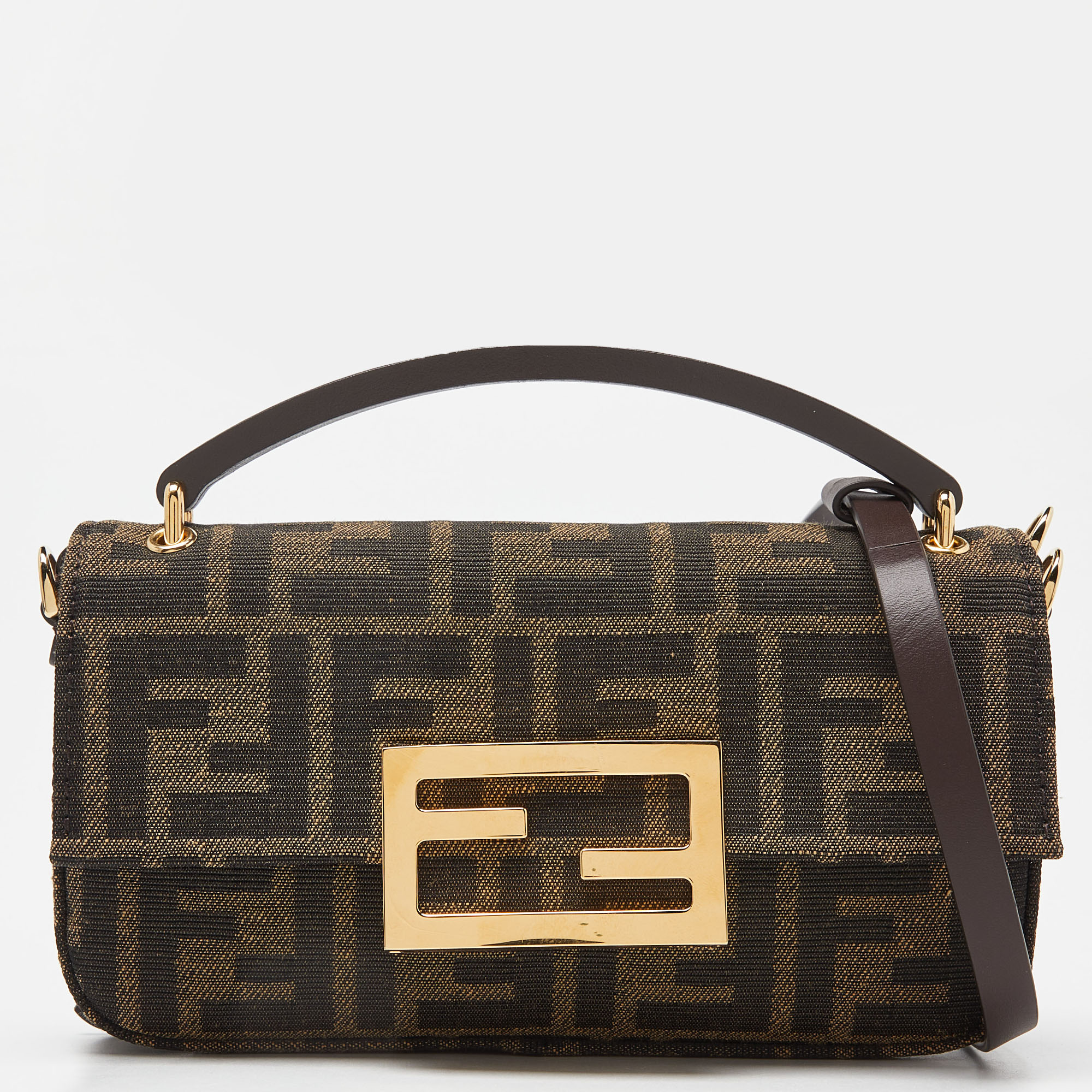 Pre Owned Fendi Tobacco Zucca Canvas and Leather Phone Baguette Bag