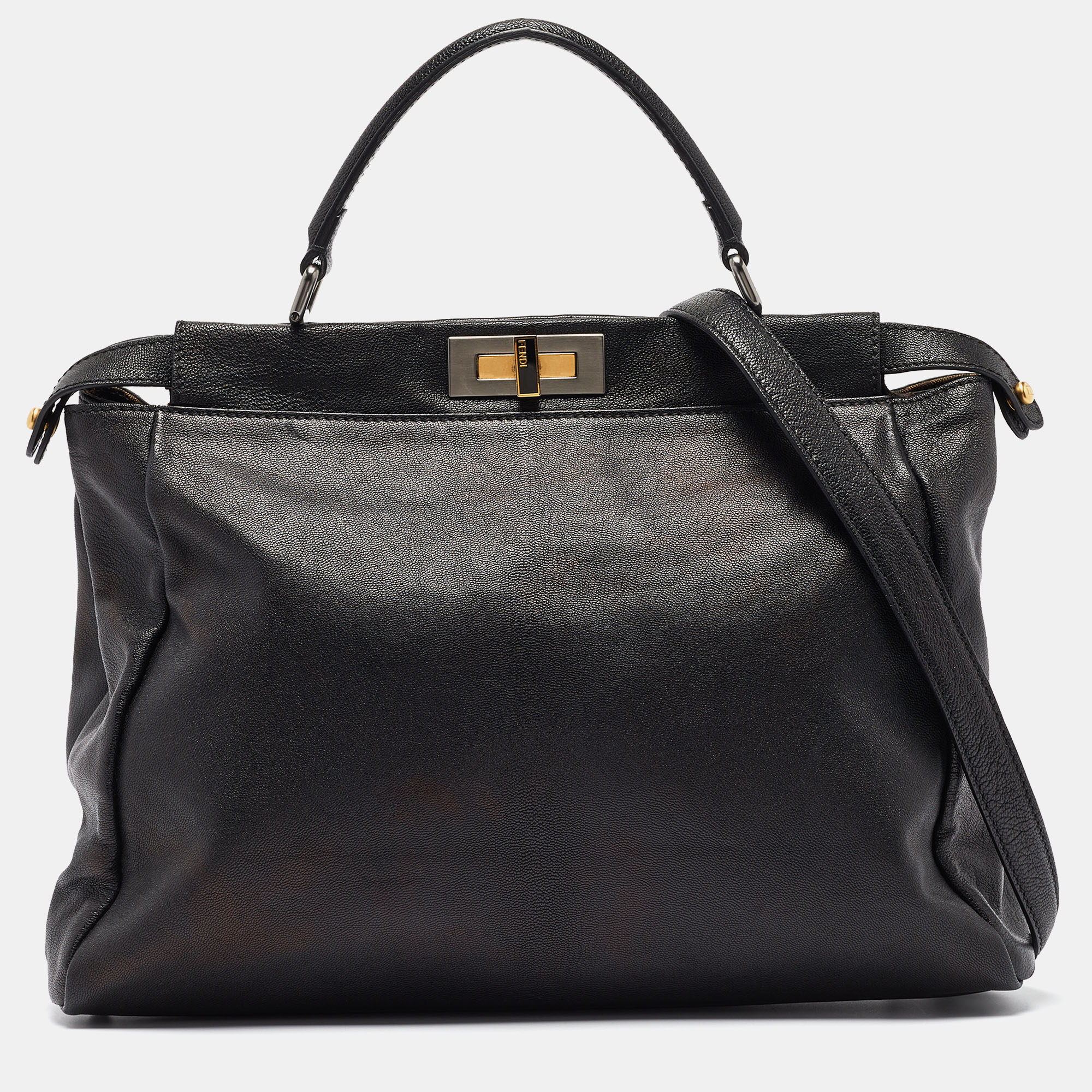 Pre-owned Fendi Black Leather Large Peekaboo Top Handle Bag