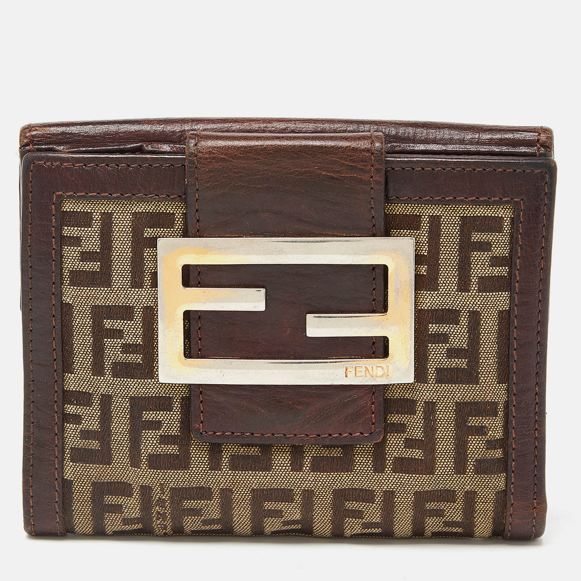 Pre-owned Fendi Beige/brown Zuchino Canvas And Leather Forever Flap Wallet