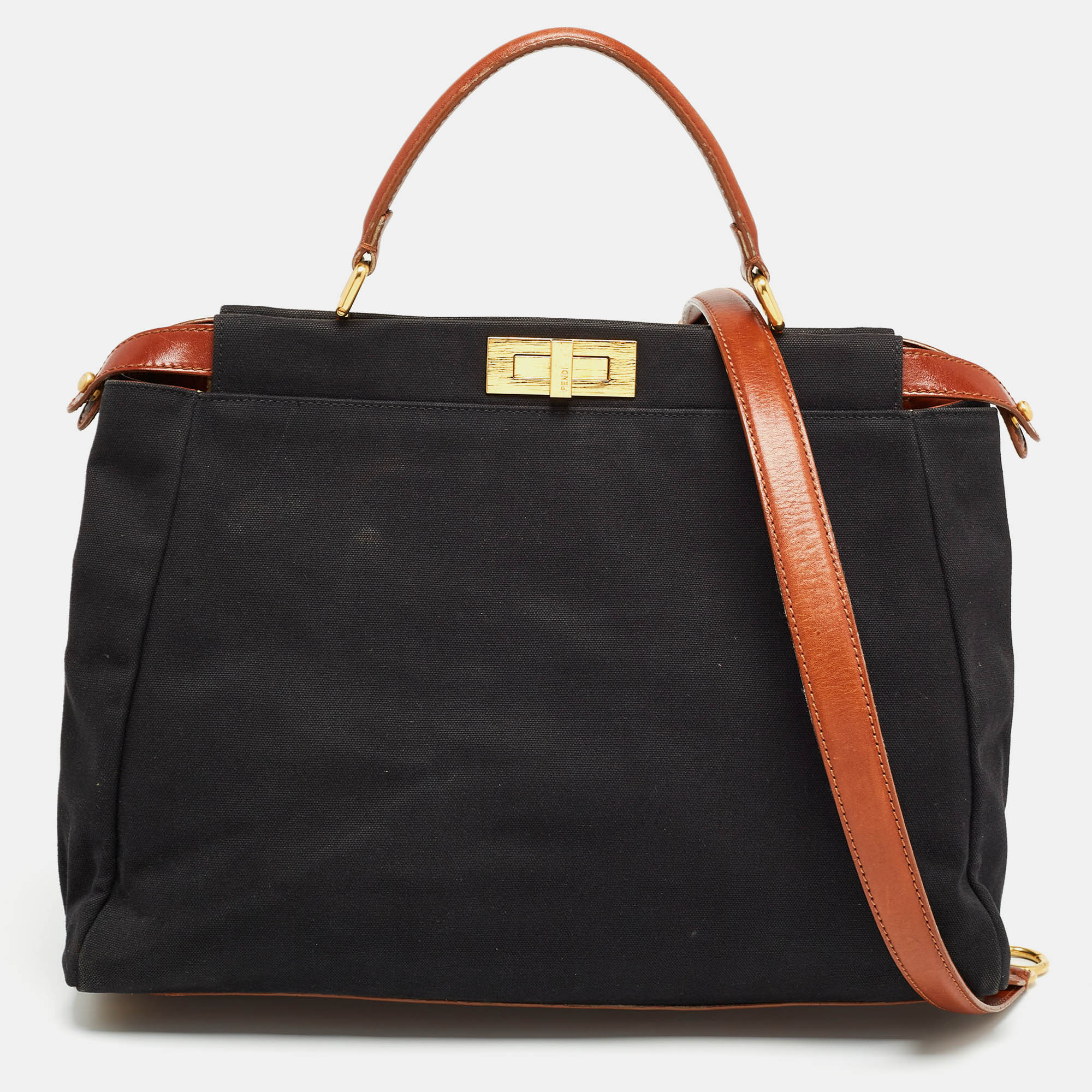 

Fendi Black/Brown Leather and Canvas  Peekaboo Top Handle Bag