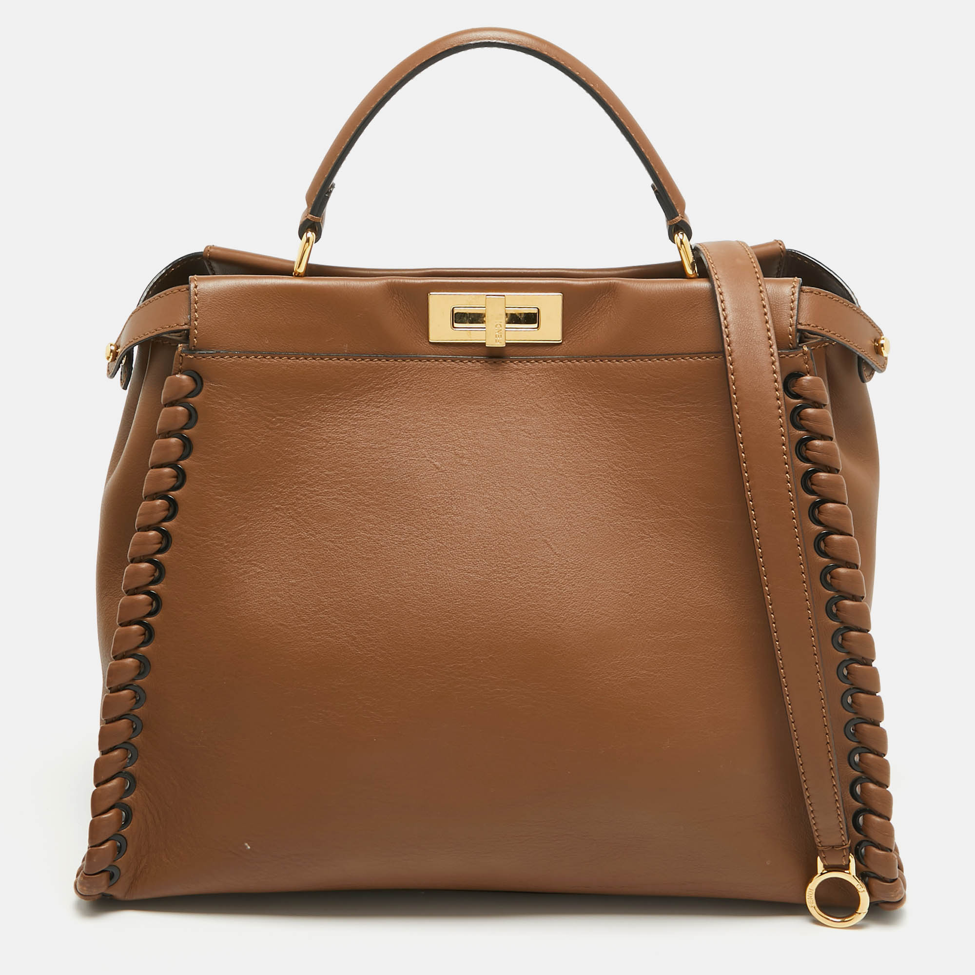 

Fendi Brown Leather  Whipstitch Peekaboo Top Handle Bag