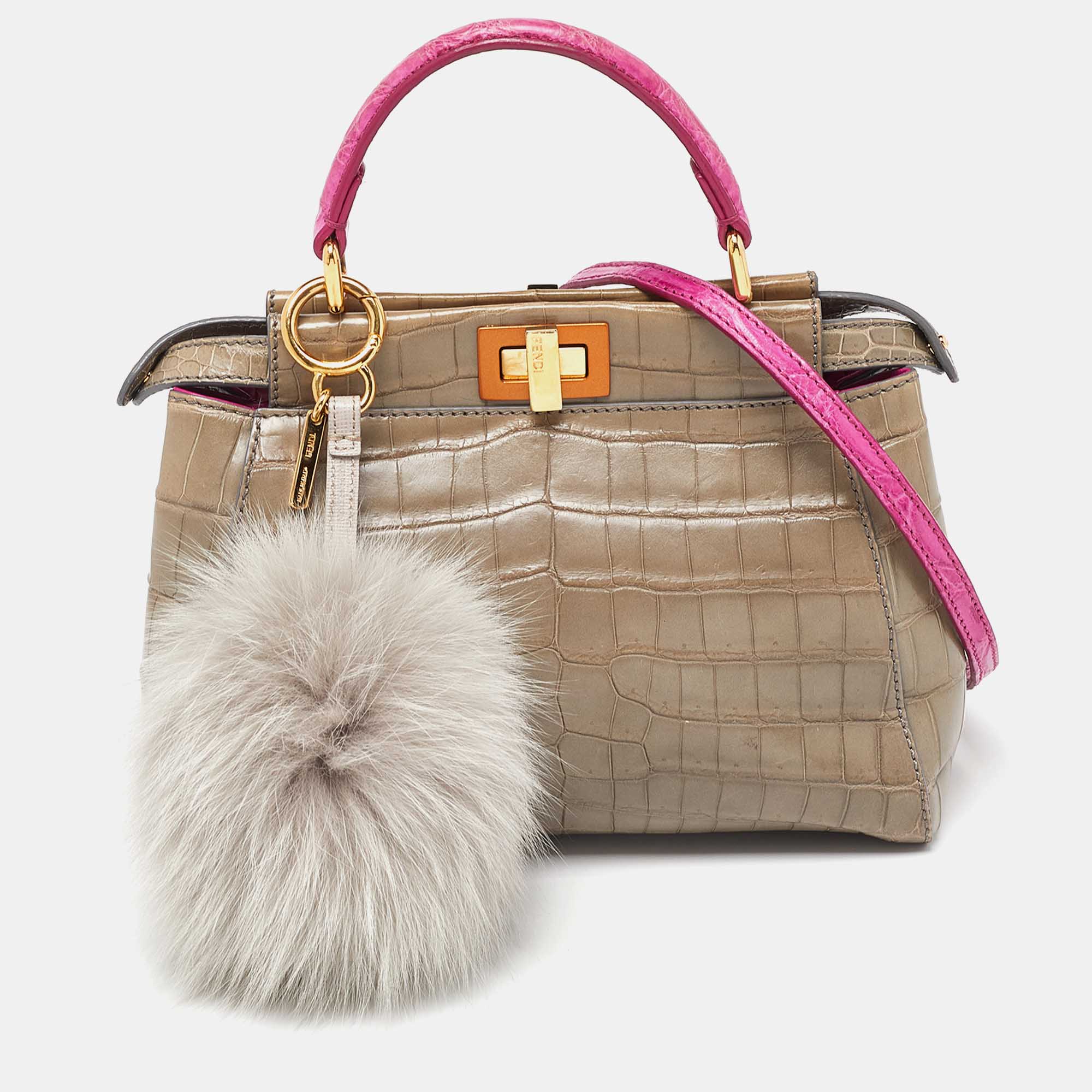 

Fendi Grey/Pink Crocodile Mini Peekaboo Top Handle Bag