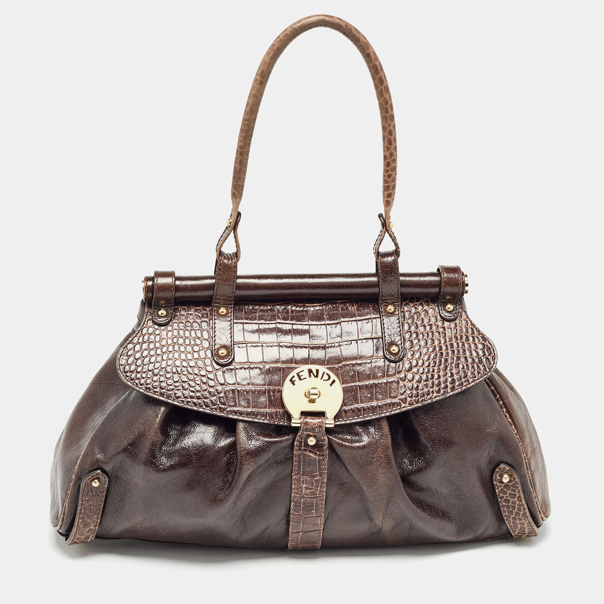 

Fendi Choco Brown Crocodile and Leather Magic Top Handle Bag