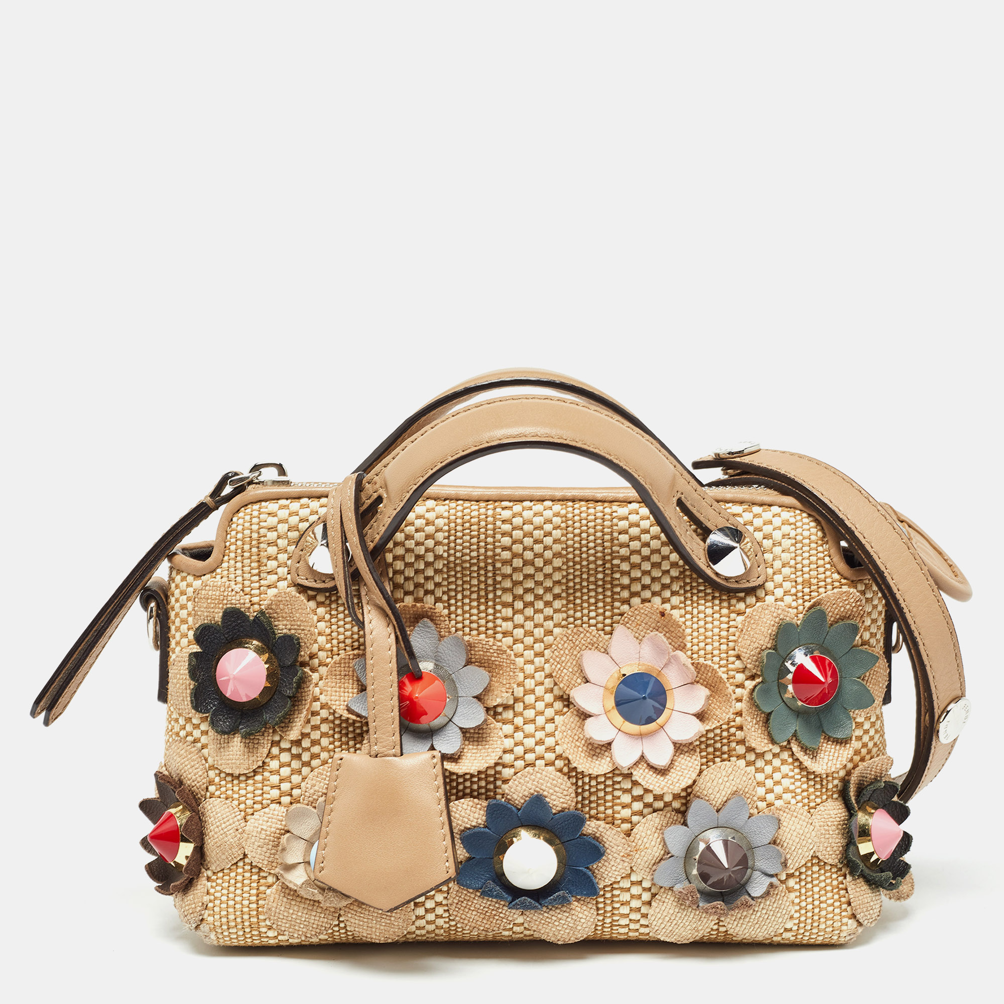 Pre-owned Fendi Beige Raffia And Leather Mini Flowerland By The Way Shoulder Bag