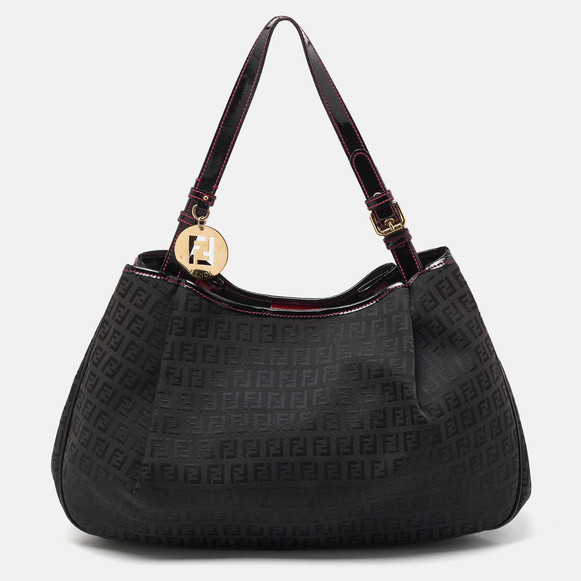 Pre-owned Fendi Black Zucchino Canvas And Patent Leather Hobo