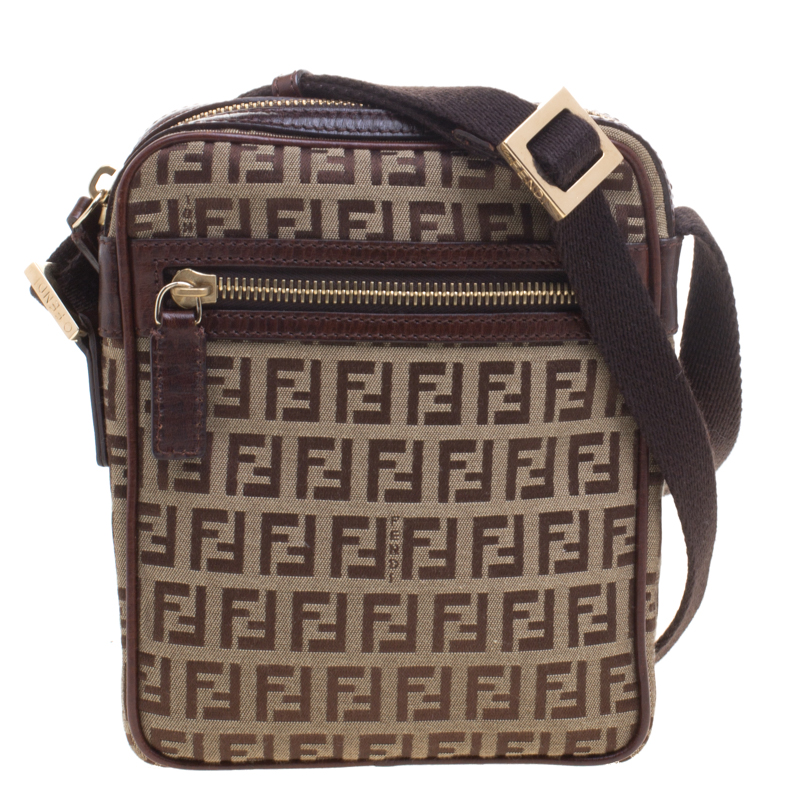Pre Owned Fendi Brown Zucchino Canvas Crossbody Bag