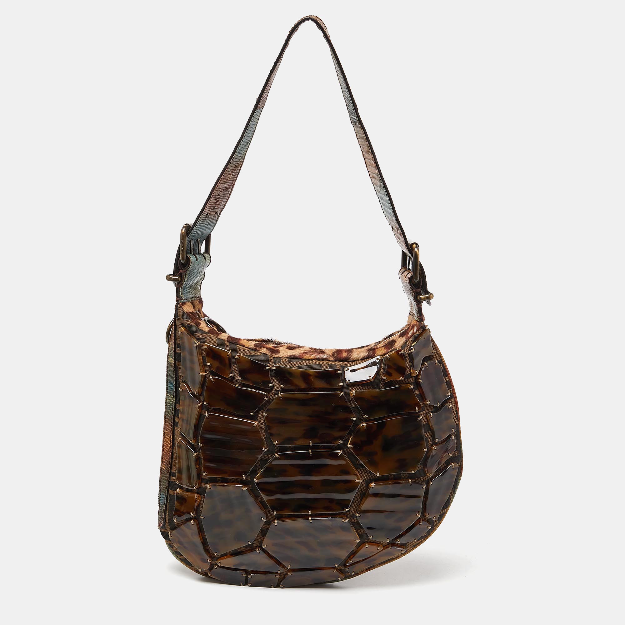 

Fendi Brown Zucca Canvas, Calfhair and Lizard Acrylic Oyster Hobo