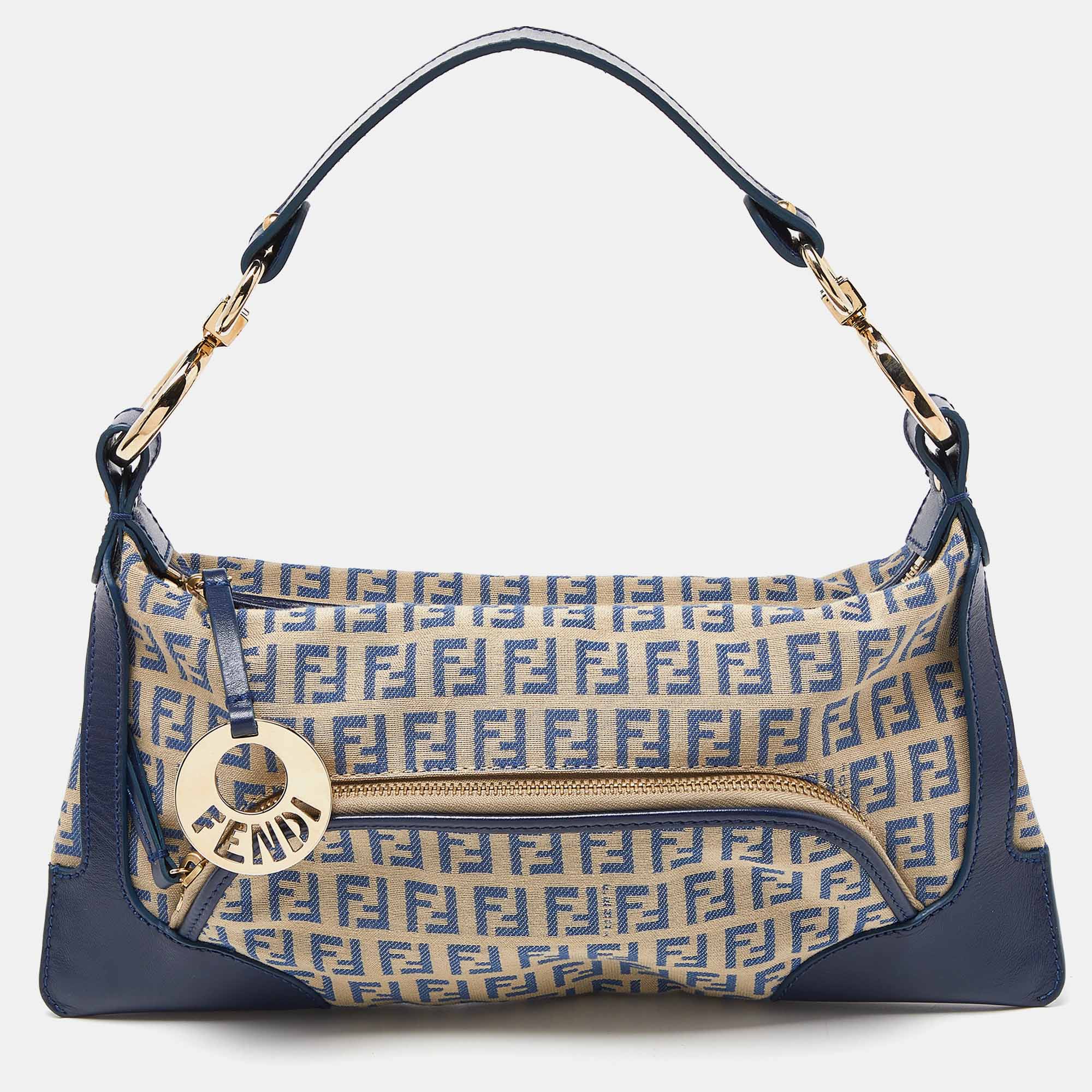 

Fendi Blue/Cream Zucchino Fabric and Leather Chef Baguette Bag, Navy blue