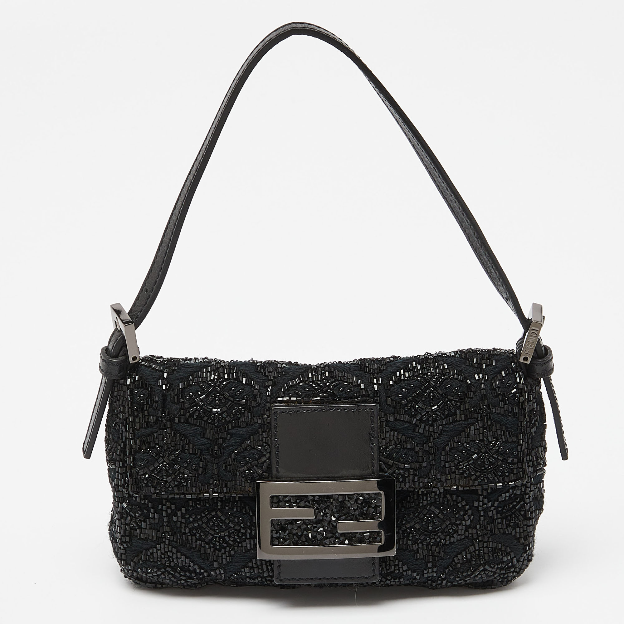 

Fendi Black Zucca Canvas and Lizard Embossed Leather Beaded Baguette Bag