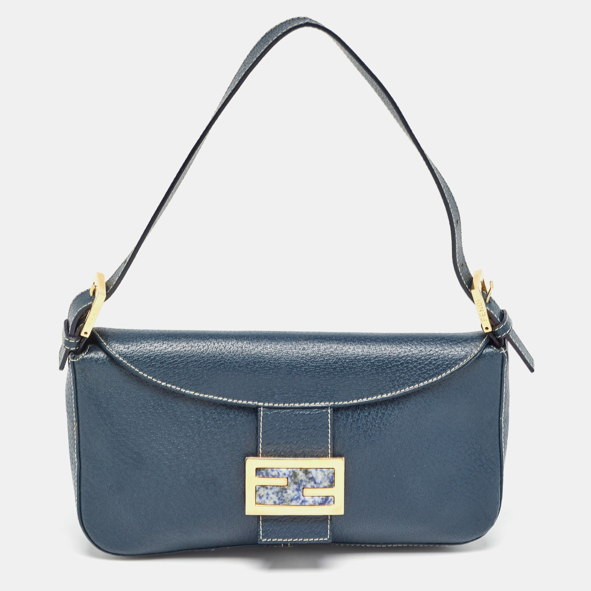 

Fendi Blue Leather FF Flap Baguette Bag