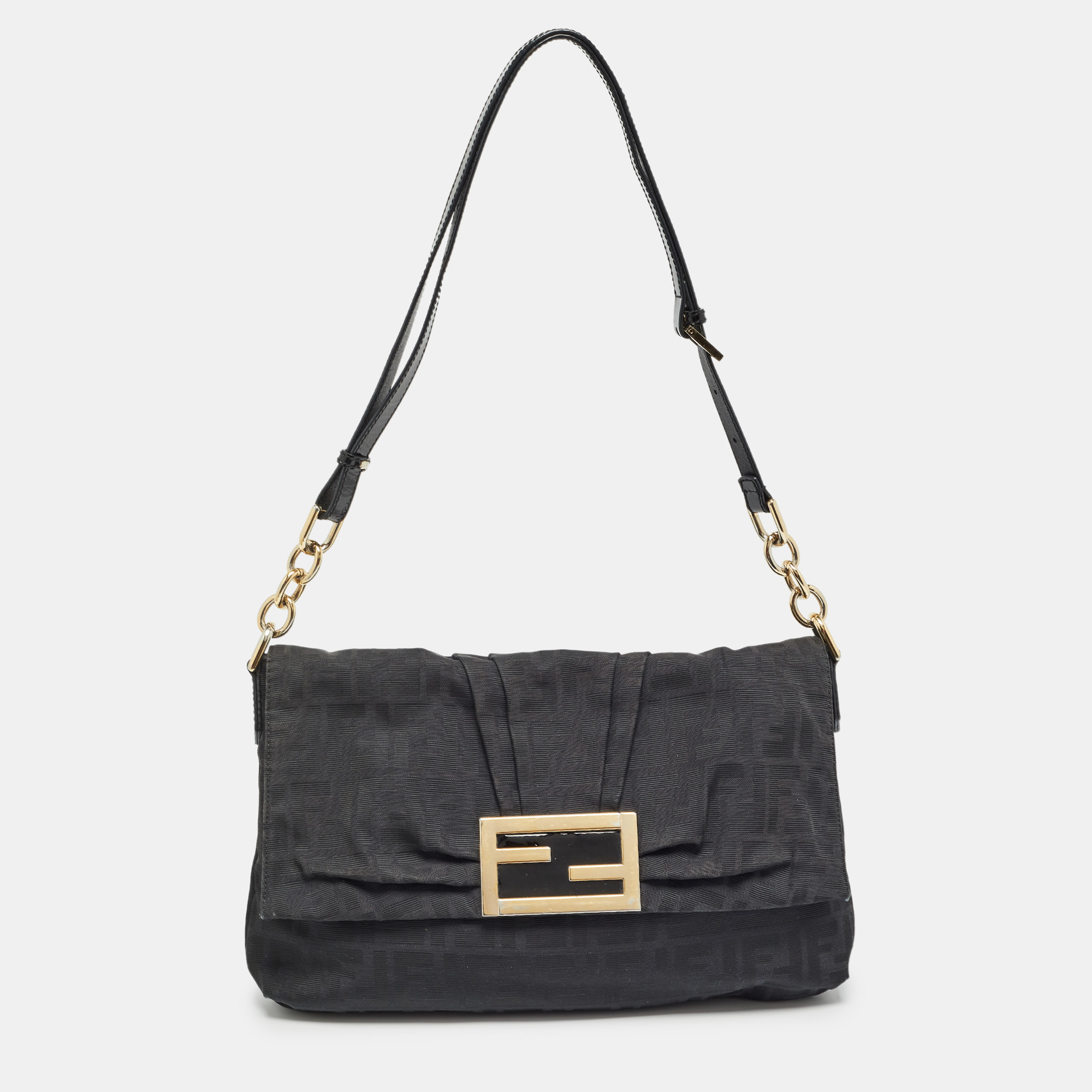 

Fendi Black Zucca Canvas and Patent Leather Mia Flap Bag
