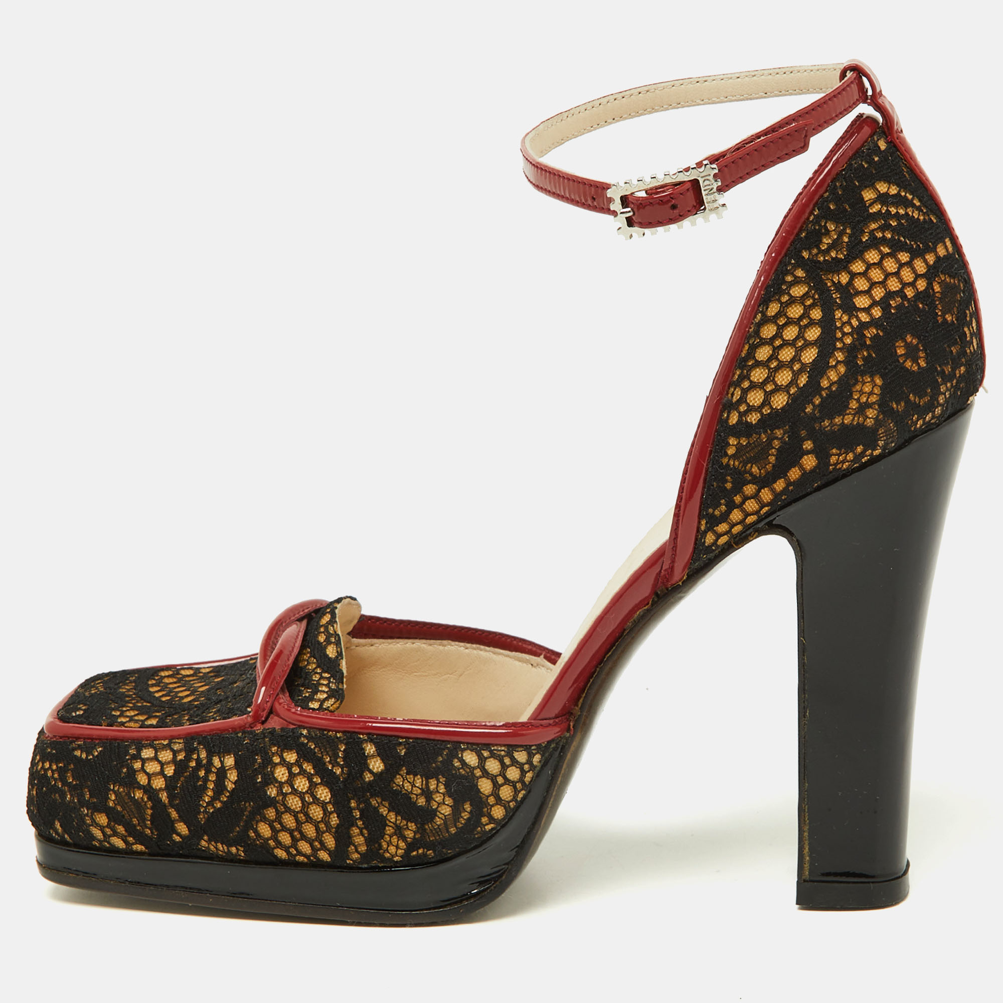

Fendi Black/Red Lace and Patent Leather Crystal Embellished Block Heel Ankle Strap Pumps Size