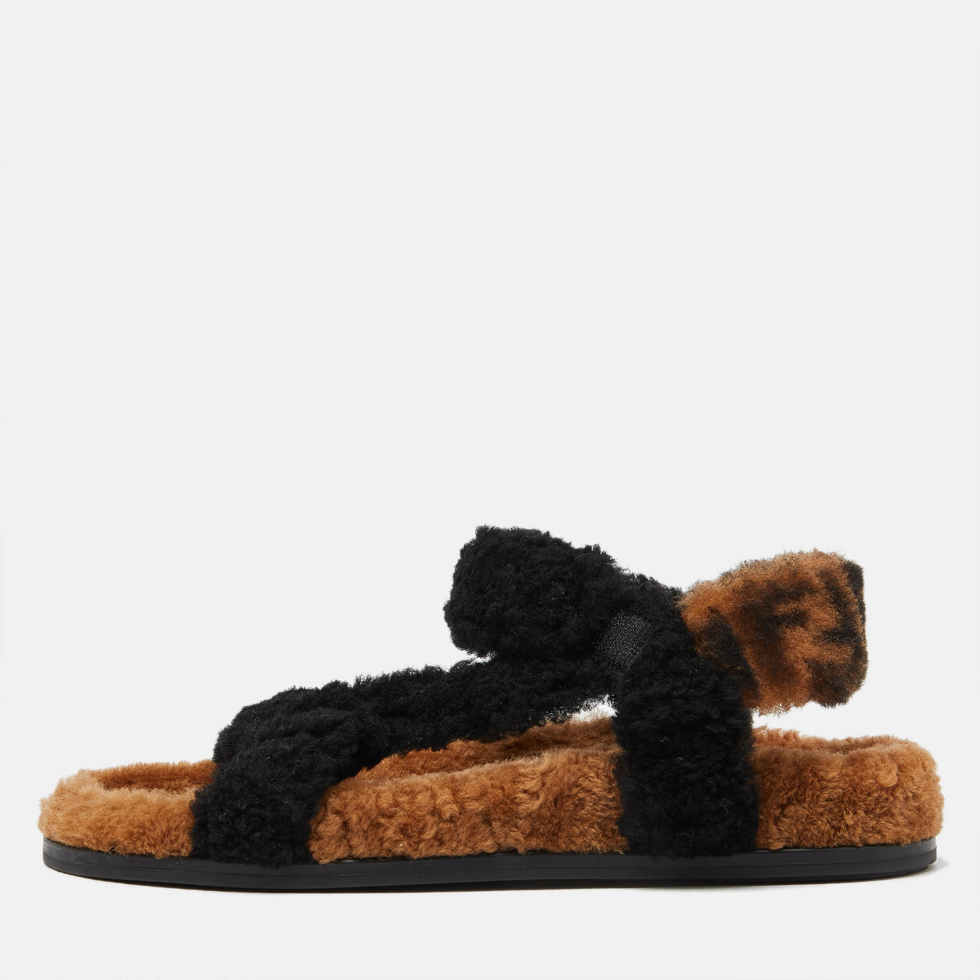 

Fendi Brown/Black Shearling Fur Ankle Strap Flat Sandals Size