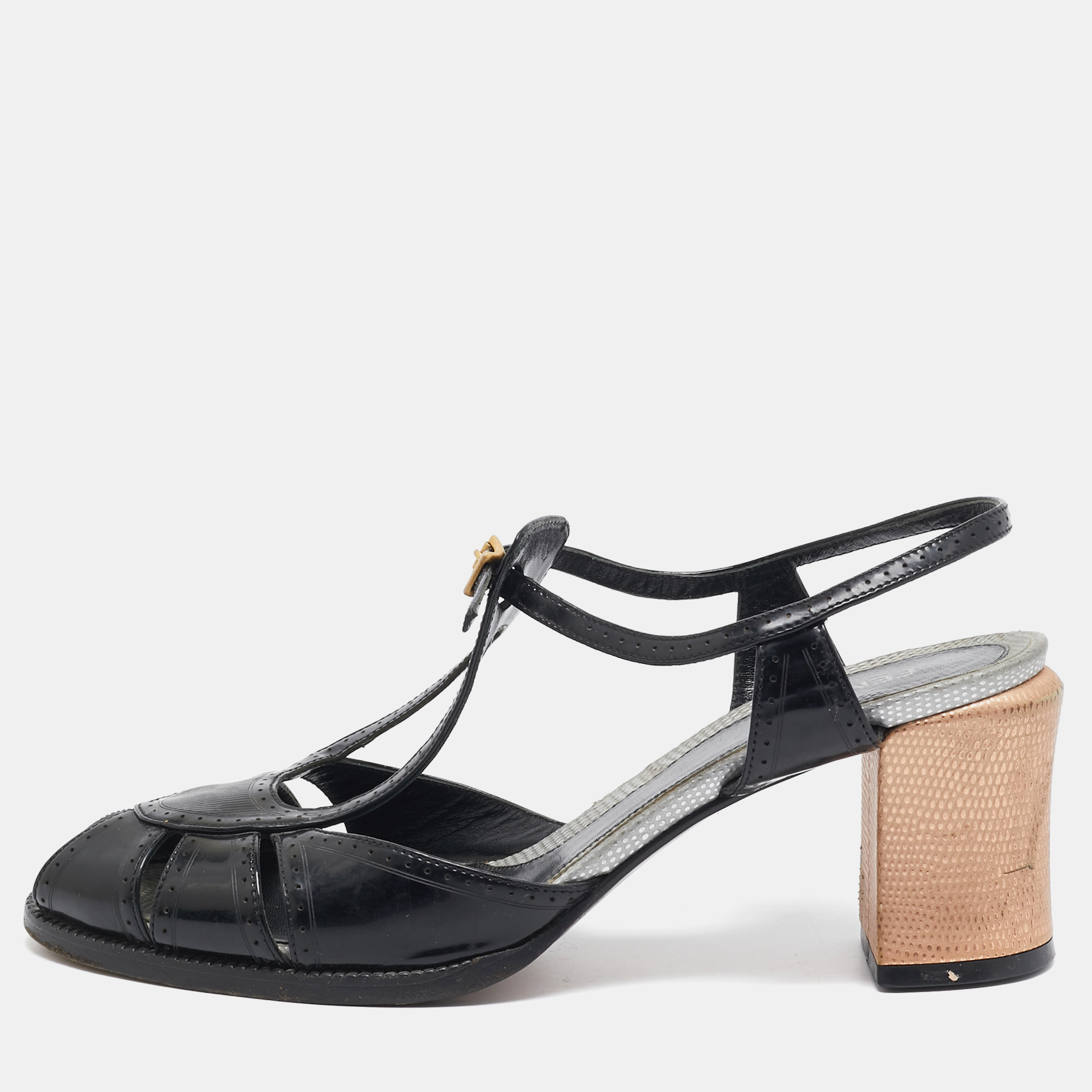 

Fendi Black Patent Peep Toe Ankle Strap Sandals Size