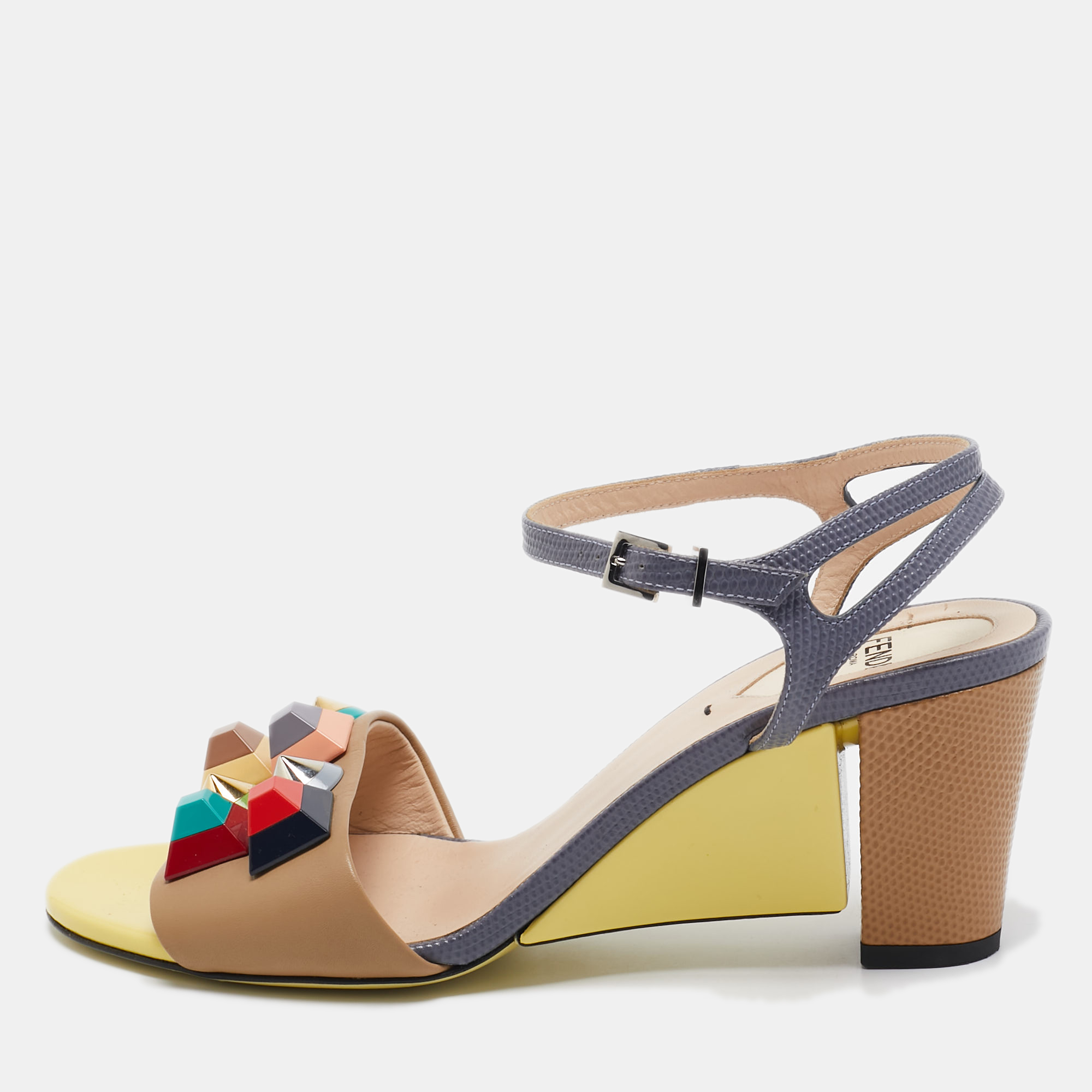 

Fendi Multicolor Leather and Lizard Embossed Fantasia Ankle Strap Sandals Size