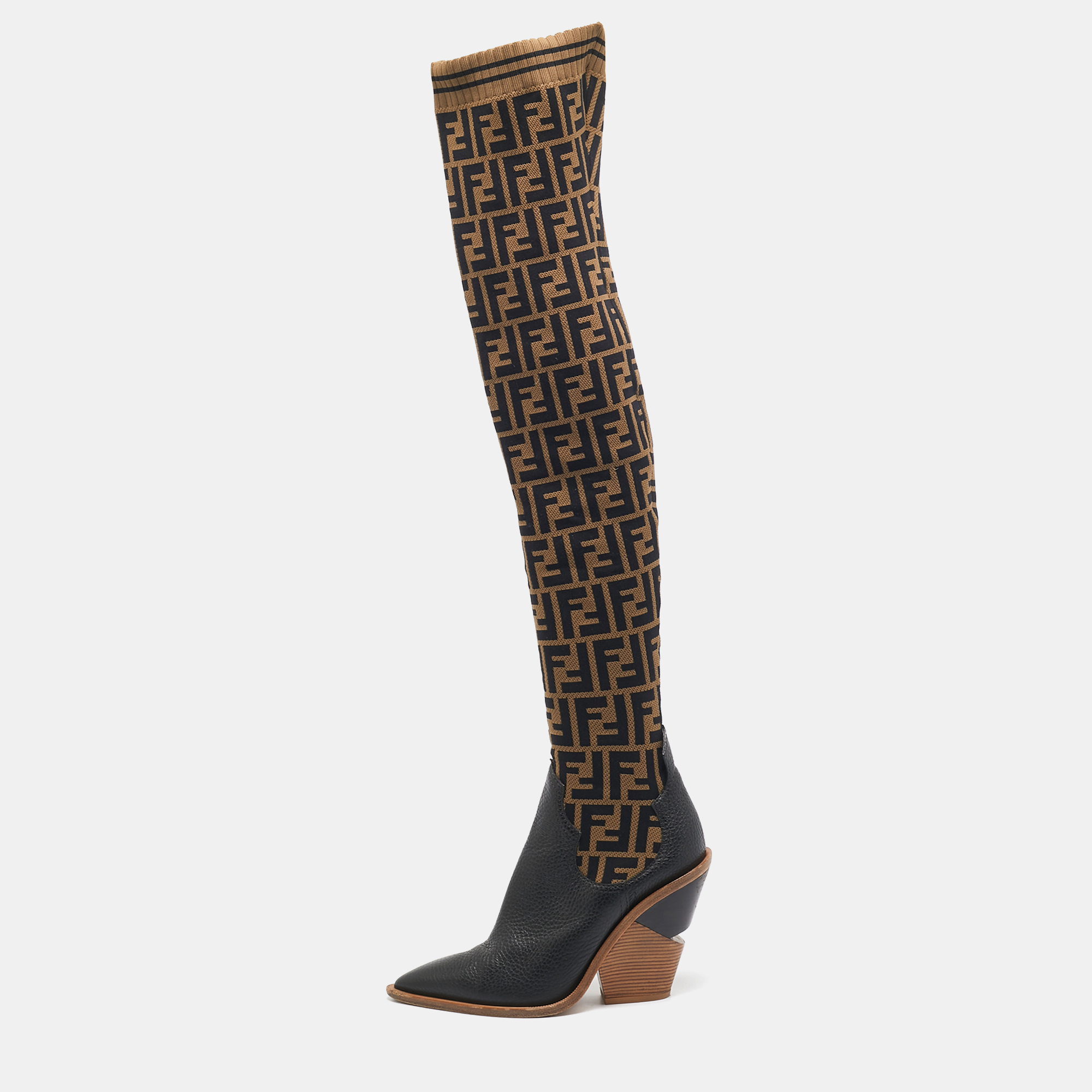 

Fendi Brown/Black FF Zucca Canvas And Leather Over The Knee Length Boots Size