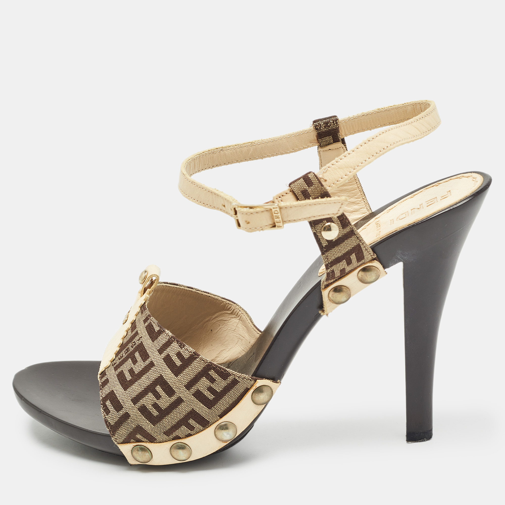 

Fendi Brown/Cream Zucca Canvas and Leather Ankle Strap Sandals Size