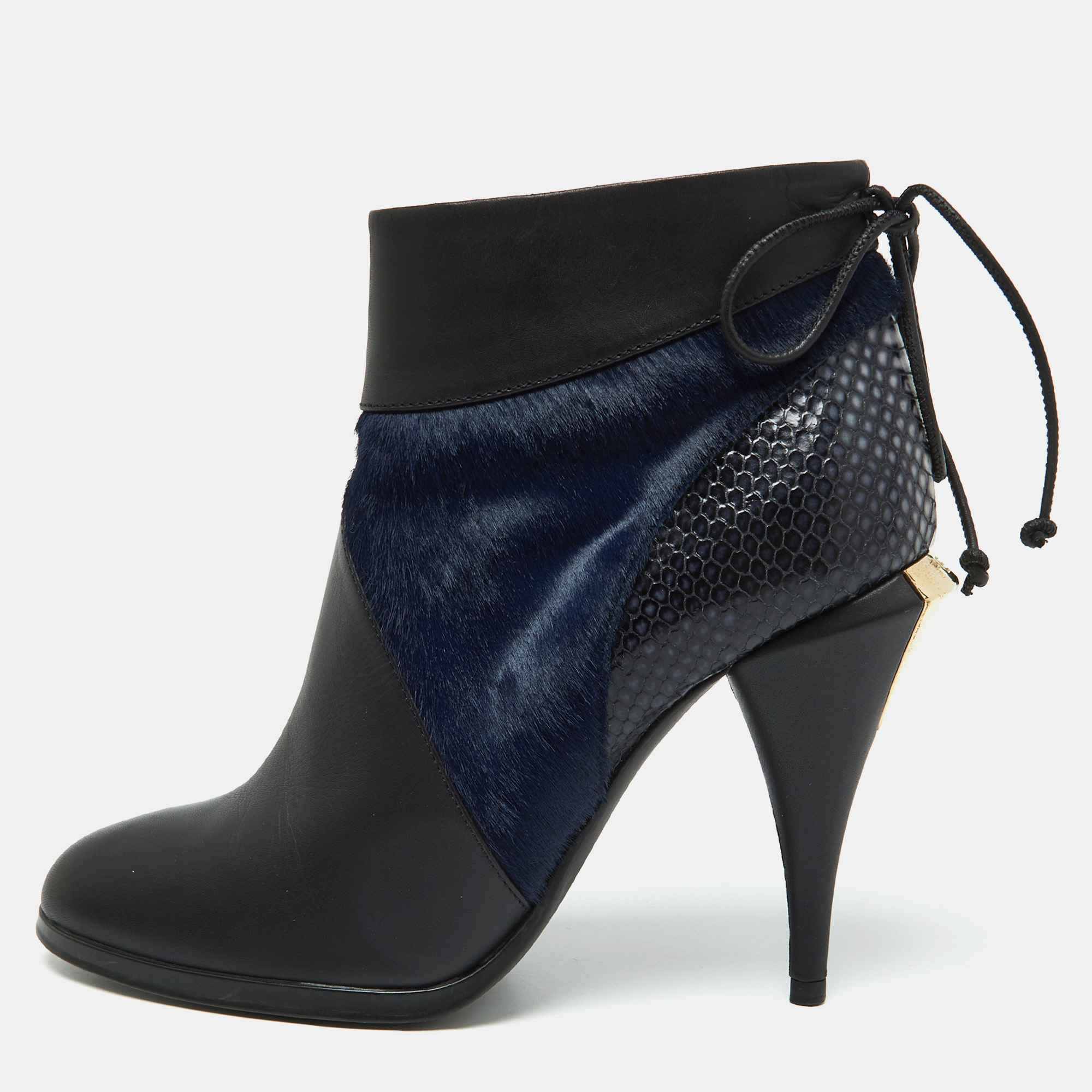 

Fendi Black/Blue Leather,Snake Embossed and Calfhair Ankle Boots Size