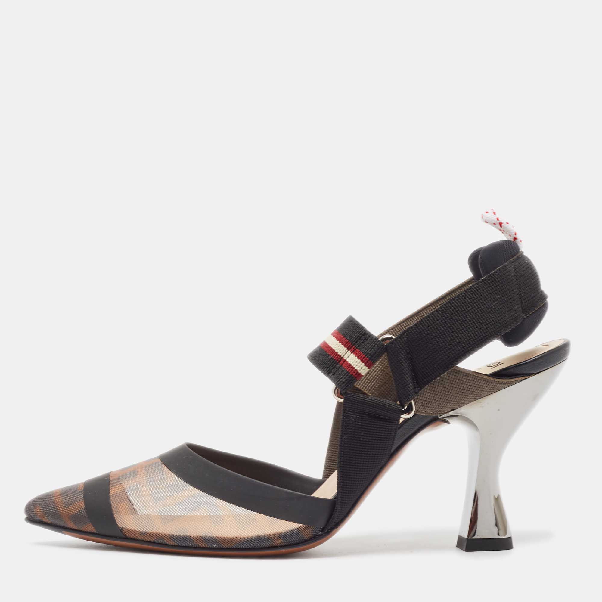 

Fendi Black/Brown Zucca Mesh and Leather Colibri Pumps Size