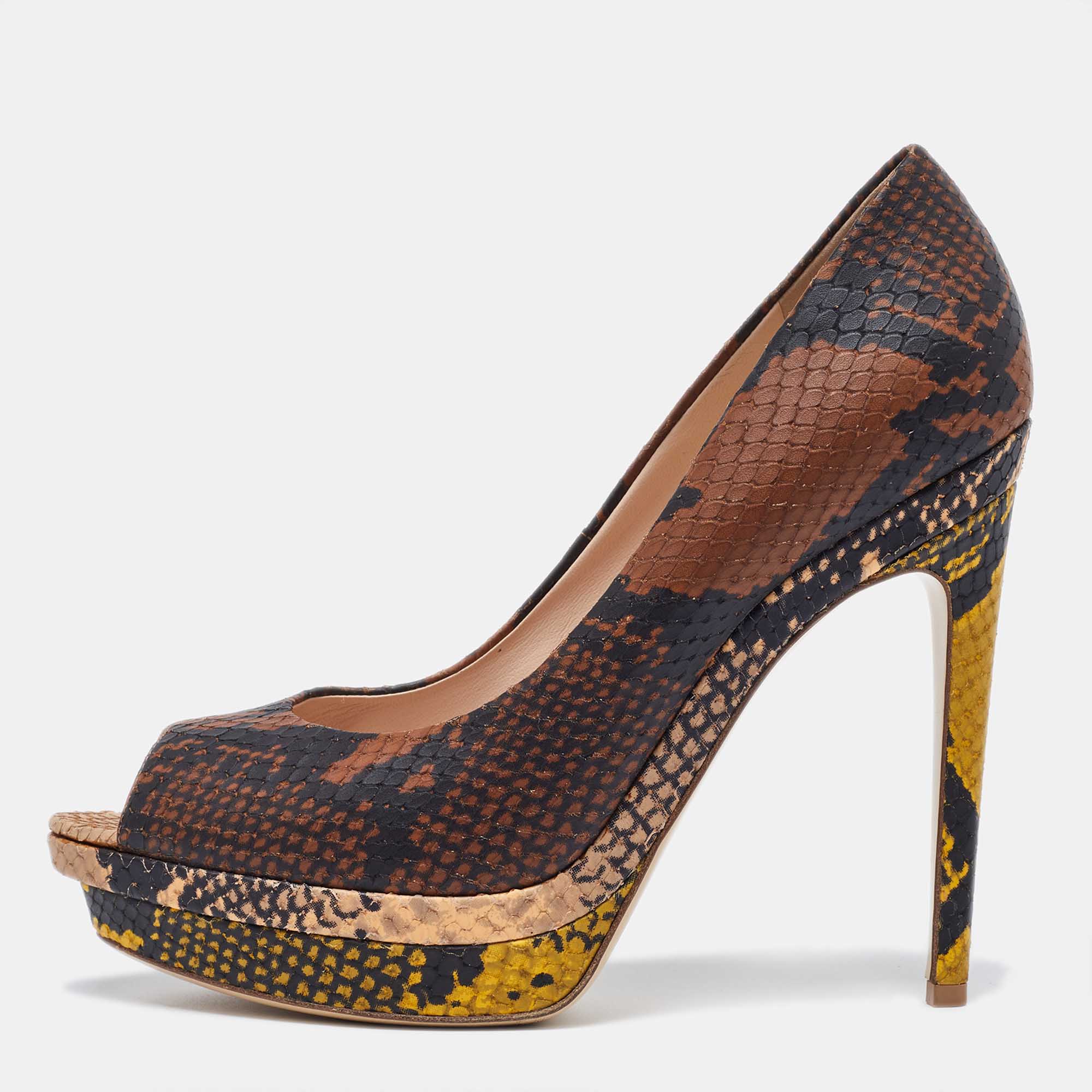 

Fendi Multicolor Python Embossed Leather Peep Toe Platform Pumps Size